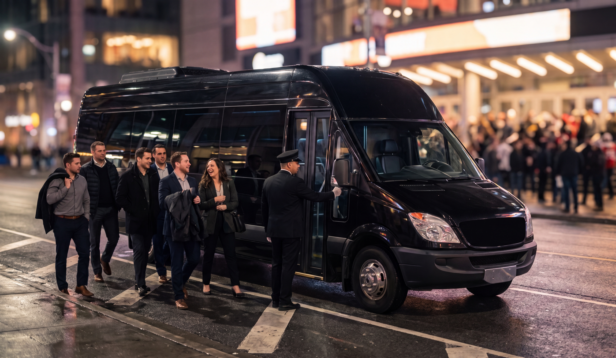 Kitchener-Waterloo Concert Group Shuttle 2 Black shuttle dropping a group near a downtown Toronto arena district at night