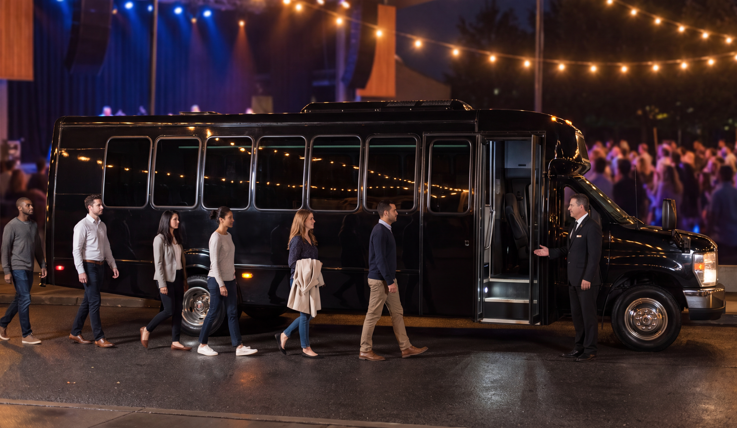 Kitchener-Waterloo Concert Group Shuttle 3 Black shuttle staged at a Toronto waterfront amphitheatre exit lane at night