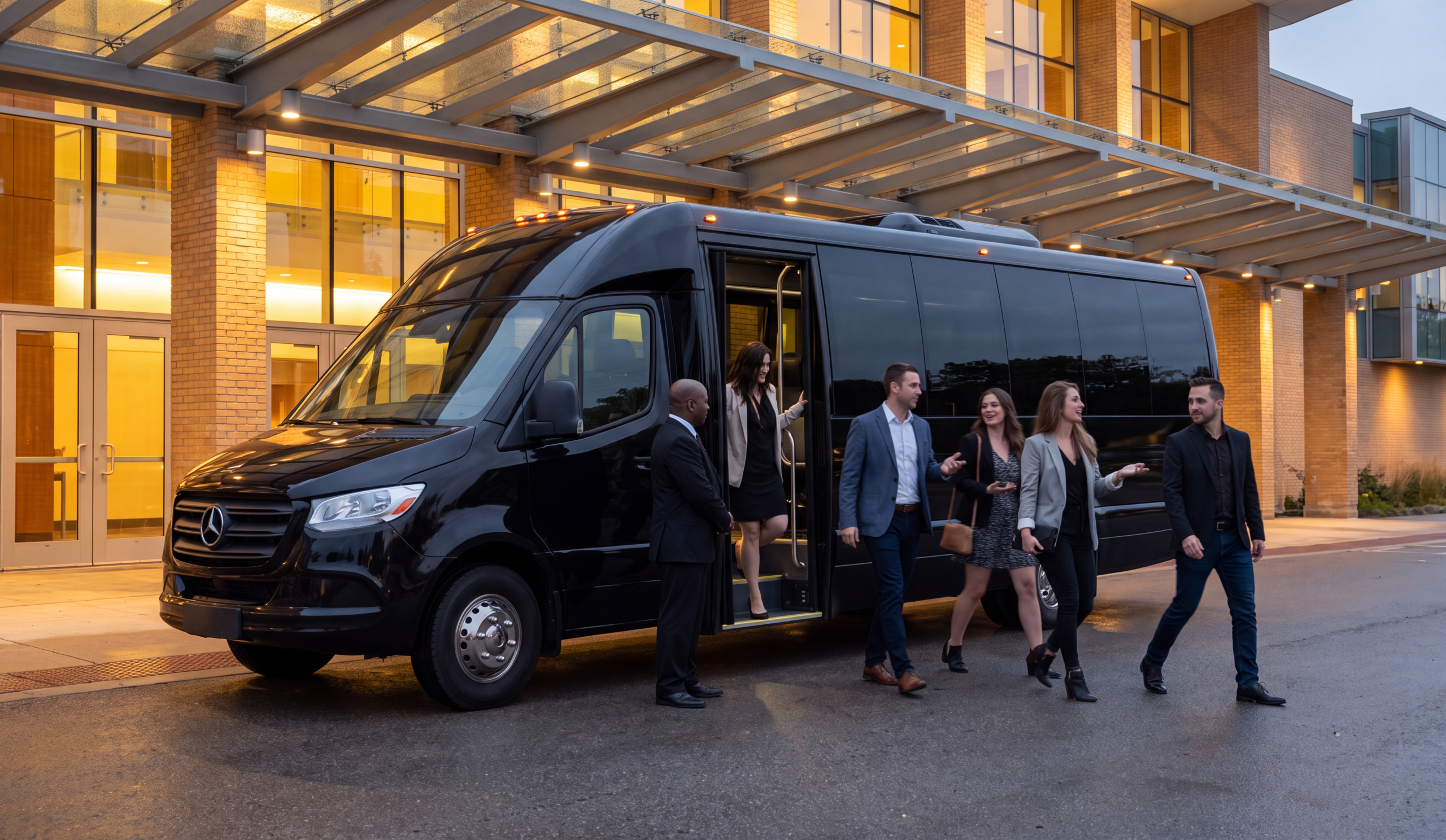 Kitchener-Waterloo Concert Group Shuttle 4 Black shuttle staged outside a Kitchener performing arts venue at dusk