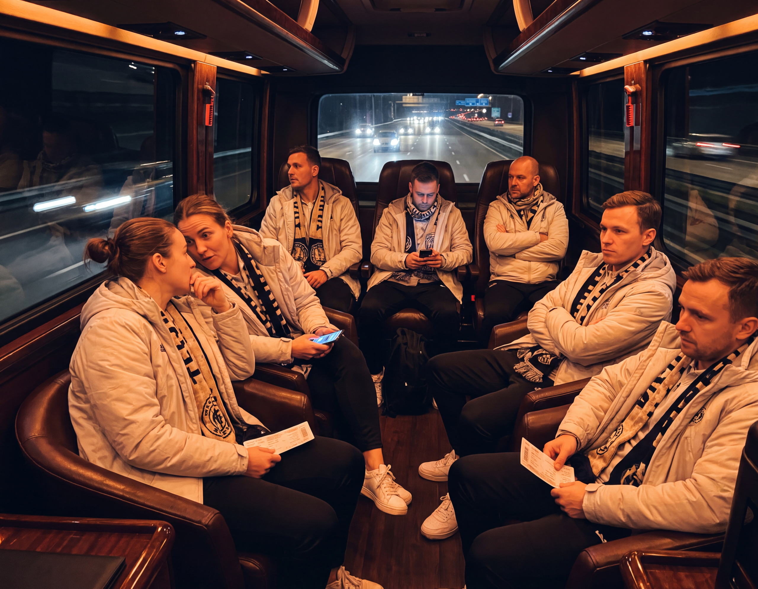 Kitchener-Waterloo Concert Group Shuttle 6 Group inside a black shuttle holding tickets and scarves before a concert