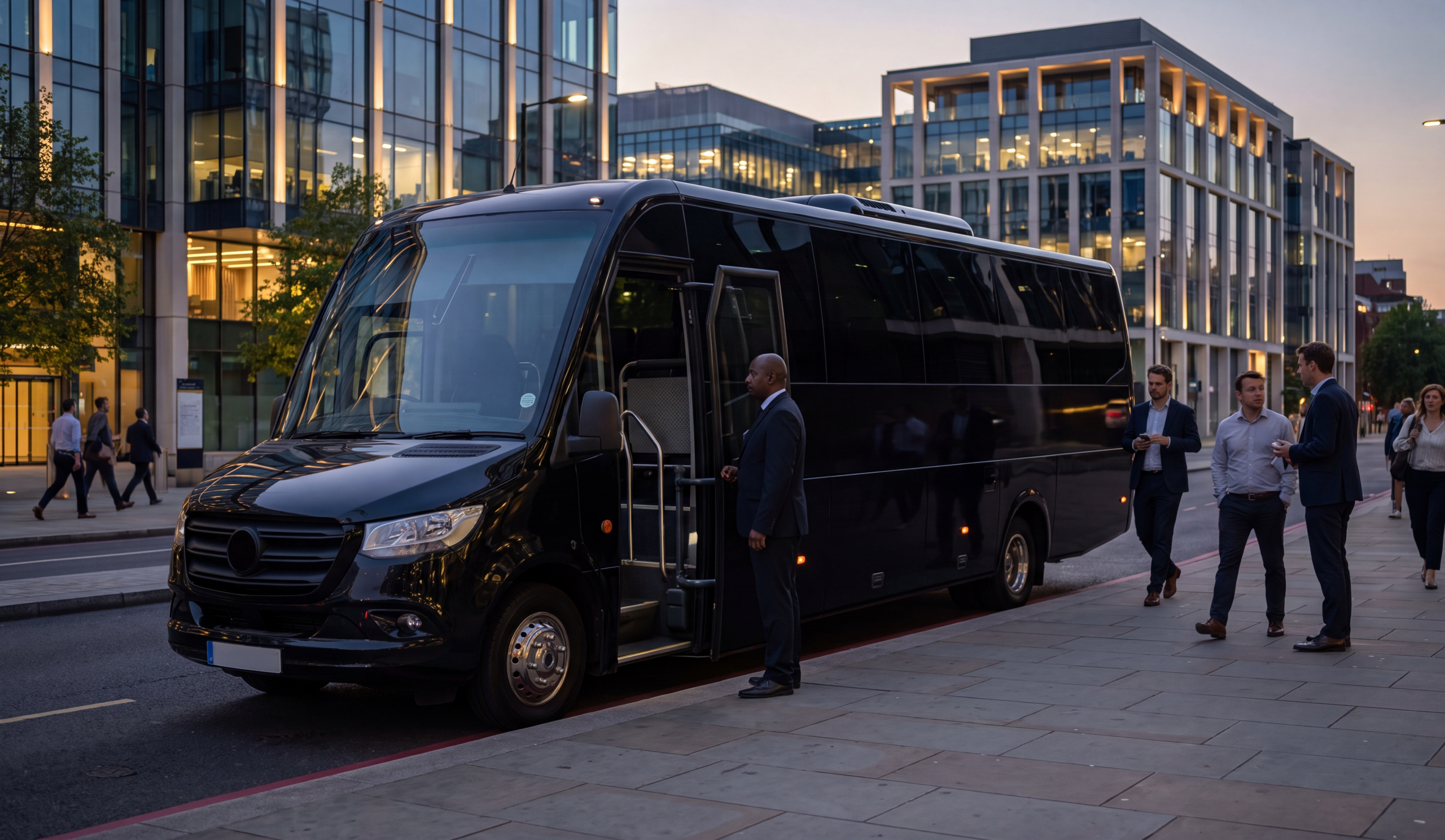 Kitchener-Waterloo Concert Group Shuttle 10 Black shuttle parked with the Waterloo tech-district skyline behind at dusk