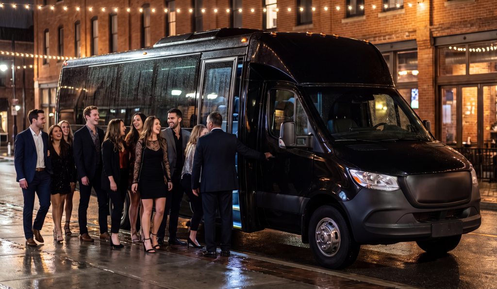Group boarding a black shuttle on King Street in Uptown Waterloo at night
