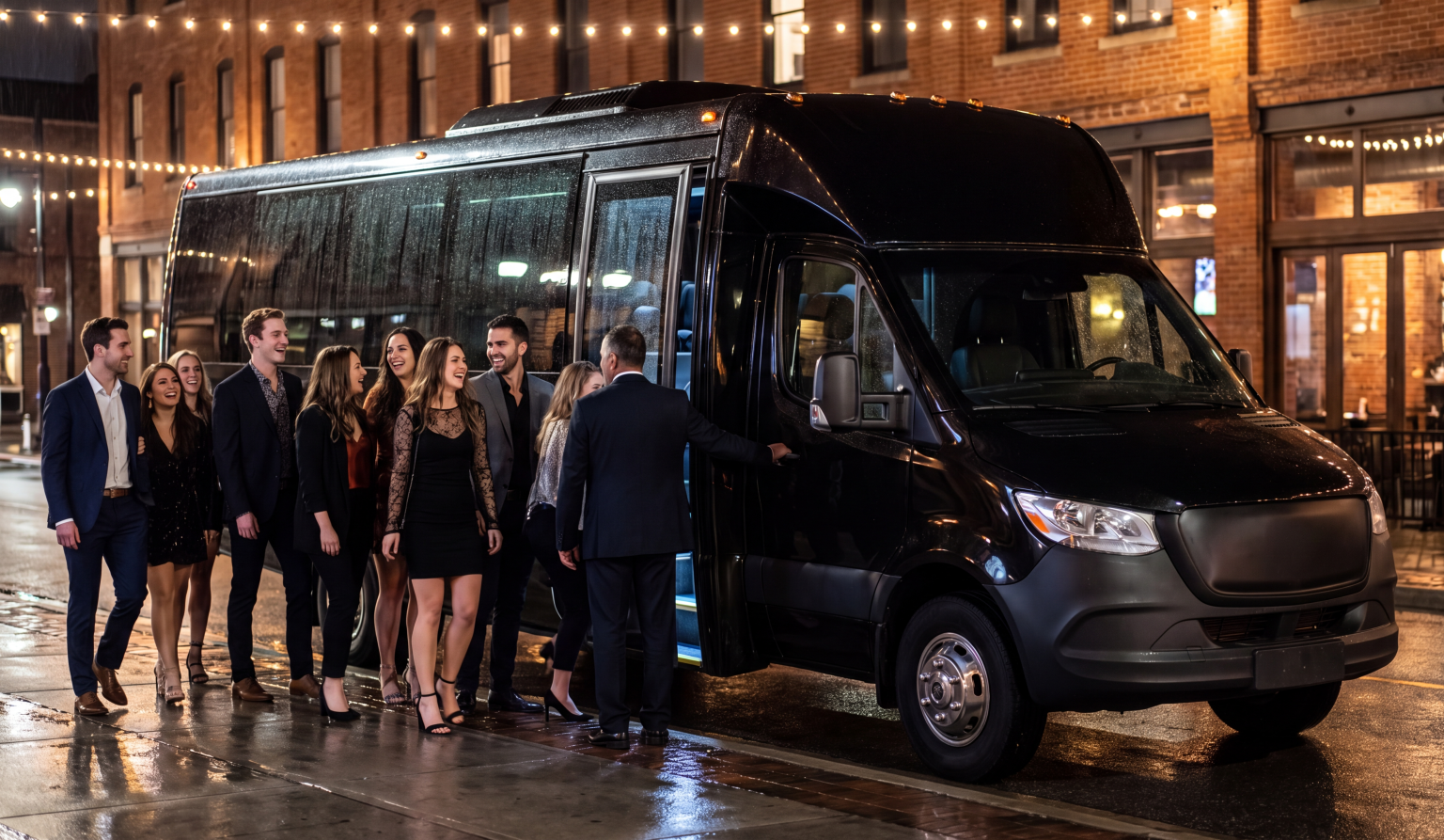 A group of guests in cocktail attire boarding a black shuttle van on a string-lit street at night