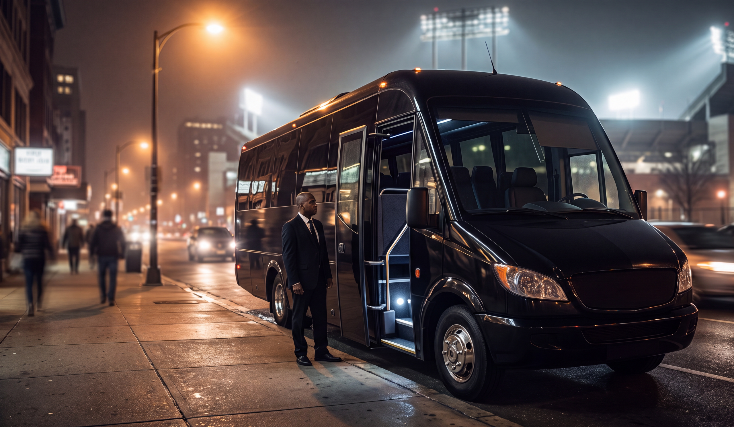 Kitchener-Waterloo Concert Group Shuttle 8 Black shuttle staged near a Toronto stadium district for a post-show pickup
