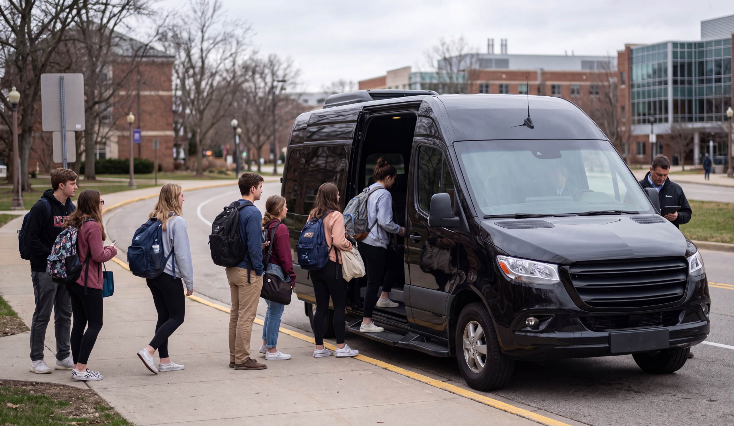 Kitchener-Waterloo University Event Transportation 2 Students boarding a black shuttle on a university campus loop road
