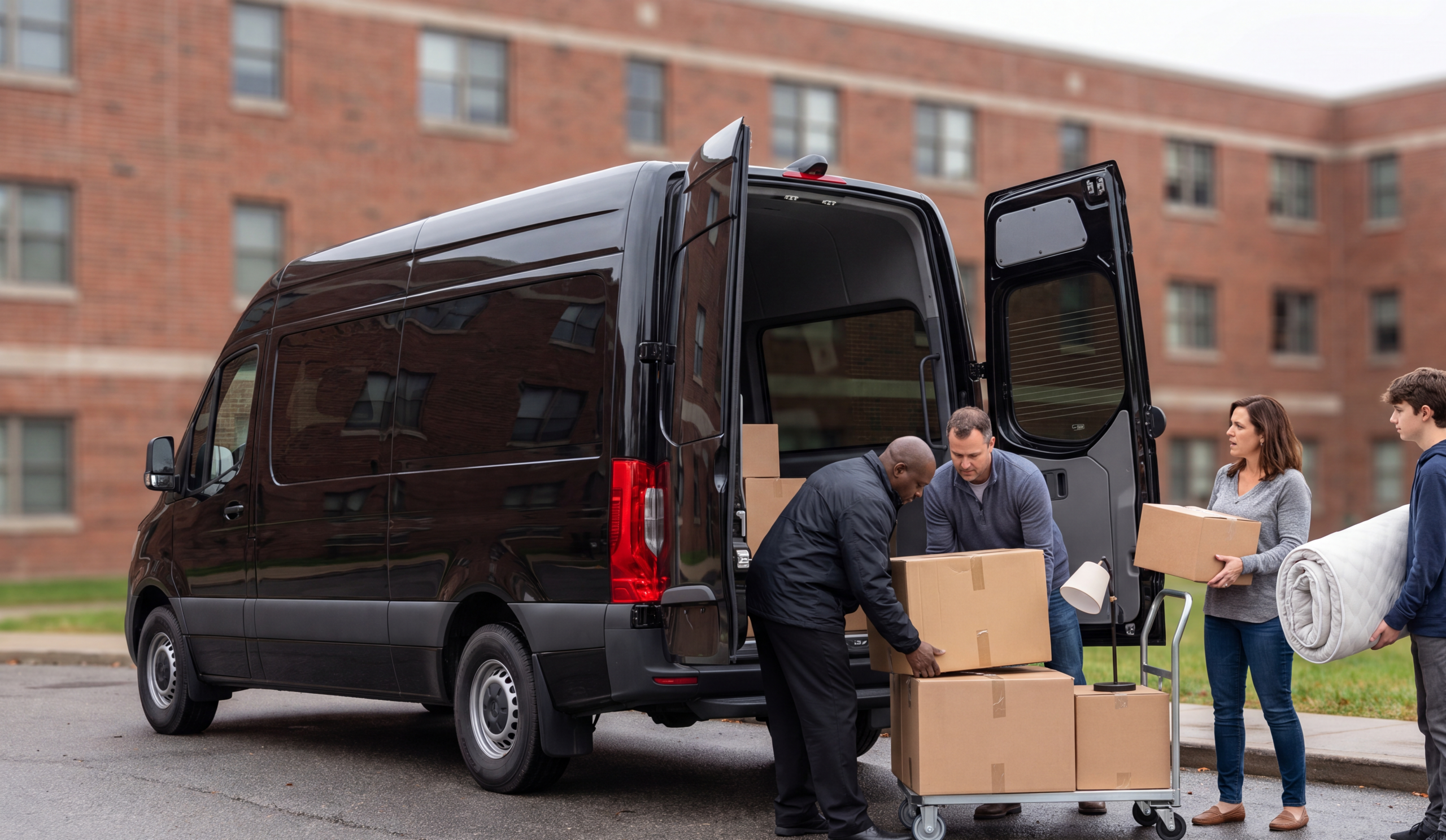 Kitchener-Waterloo University Event Transportation 4 Family loading move-in boxes into a black shuttle near a university residence