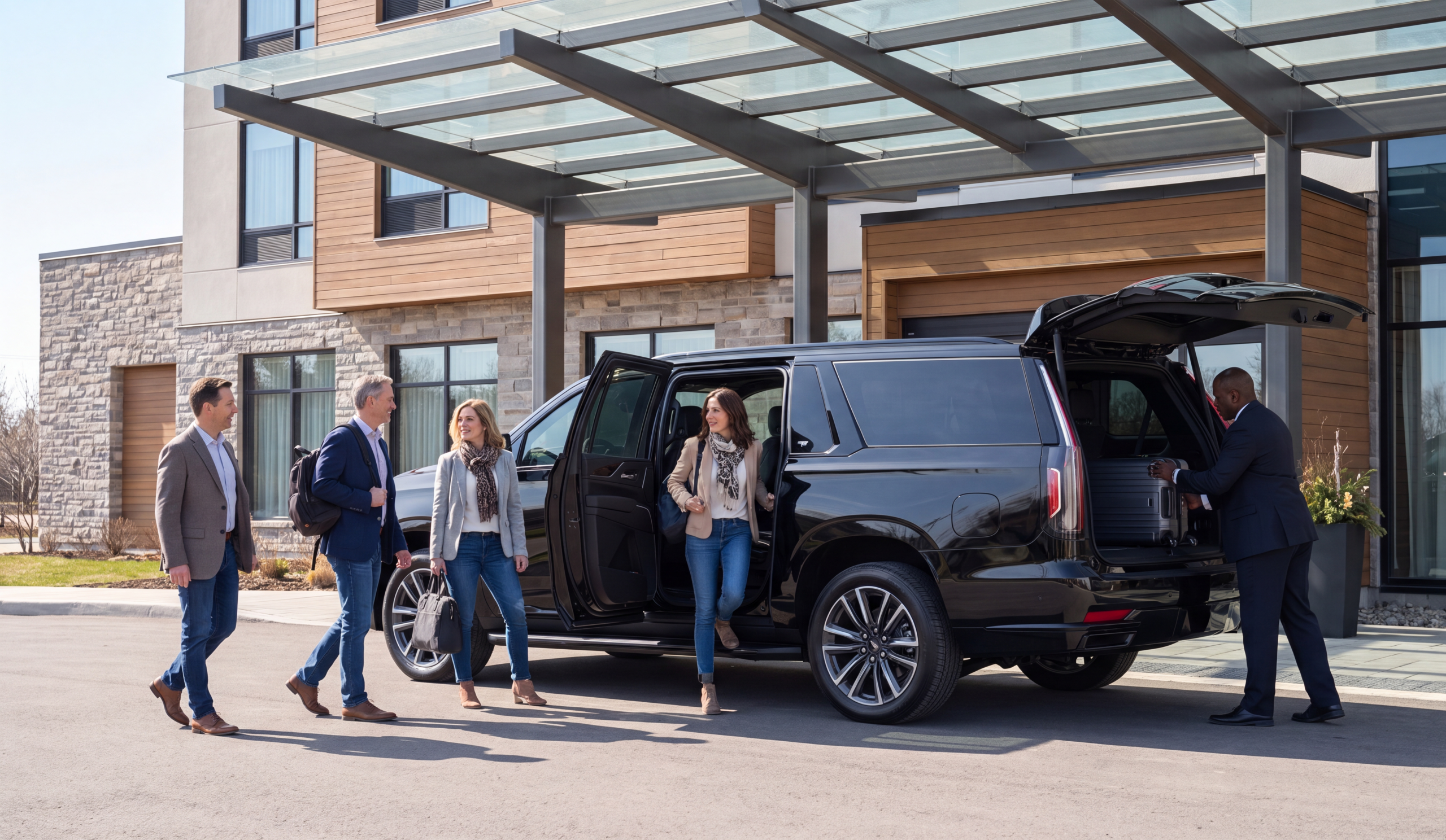 Kitchener-Waterloo University Event Transportation 3 Parents boarding a black shuttle outside a Waterloo hotel for a campus visit