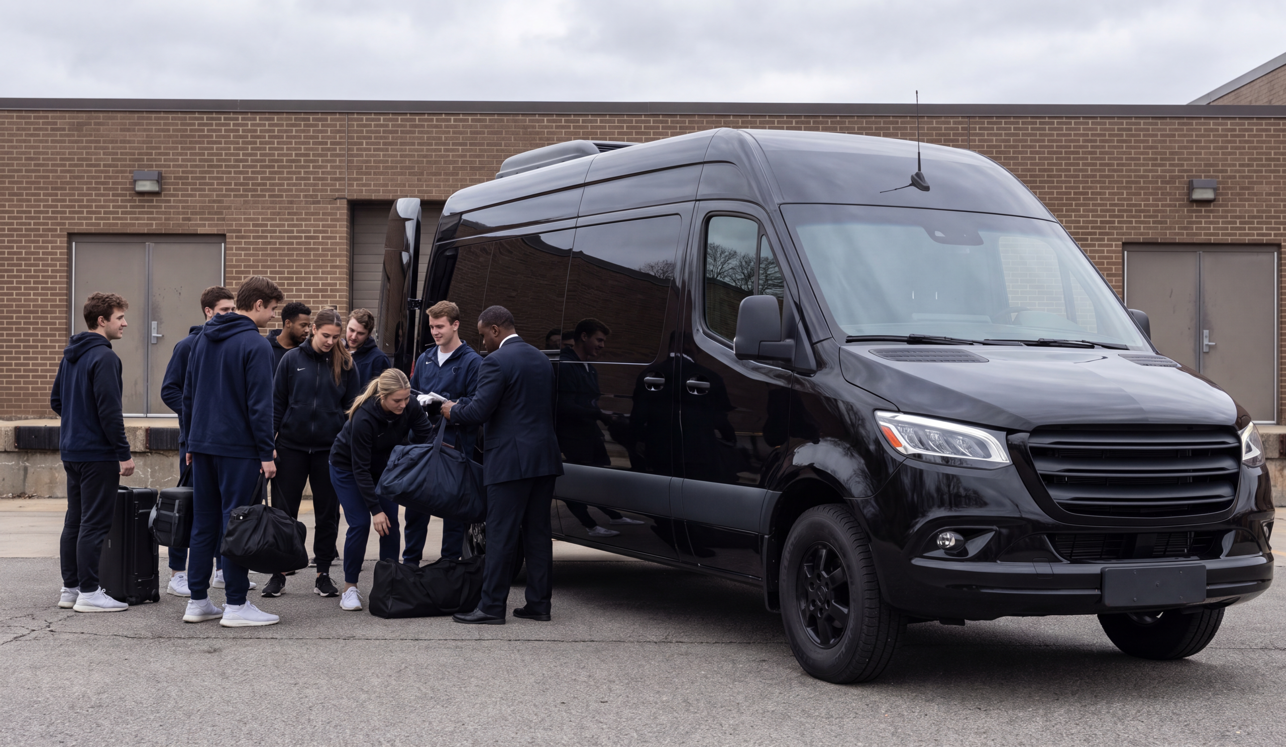 Kitchener-Waterloo University Event Transportation 5 Varsity athletes loading duffel bags into a black shuttle for team travel