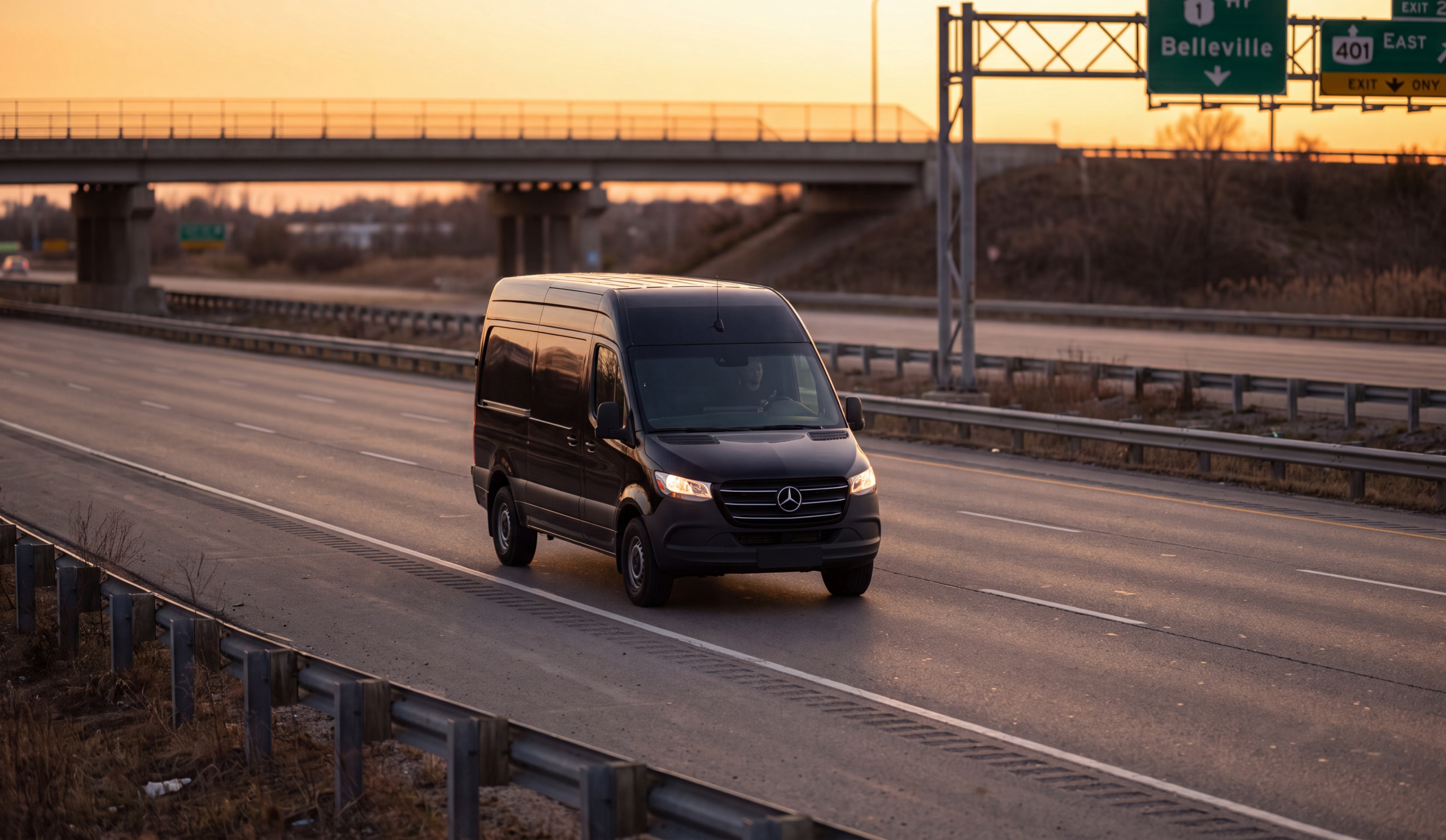 Black Mercedes-Benz Sprinter Regular traveling eastbound on Highway 401 toward Belleville at dusk