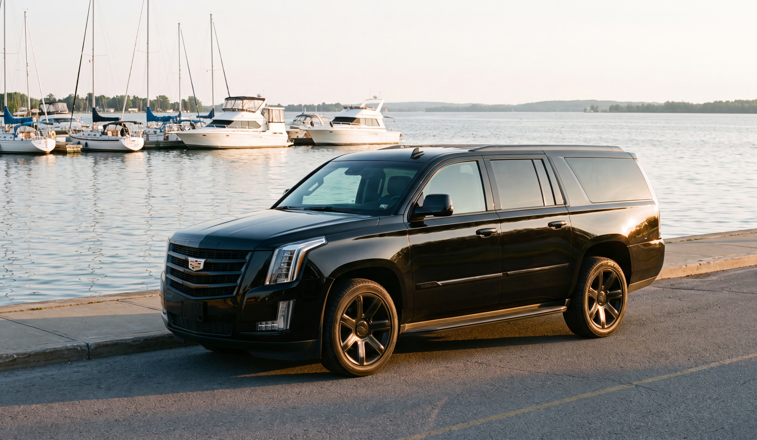 Black Cadillac Escalade ESV staged at a waterfront parking kerb along the Bay of Quinte in Belleville Ontario at golden hour