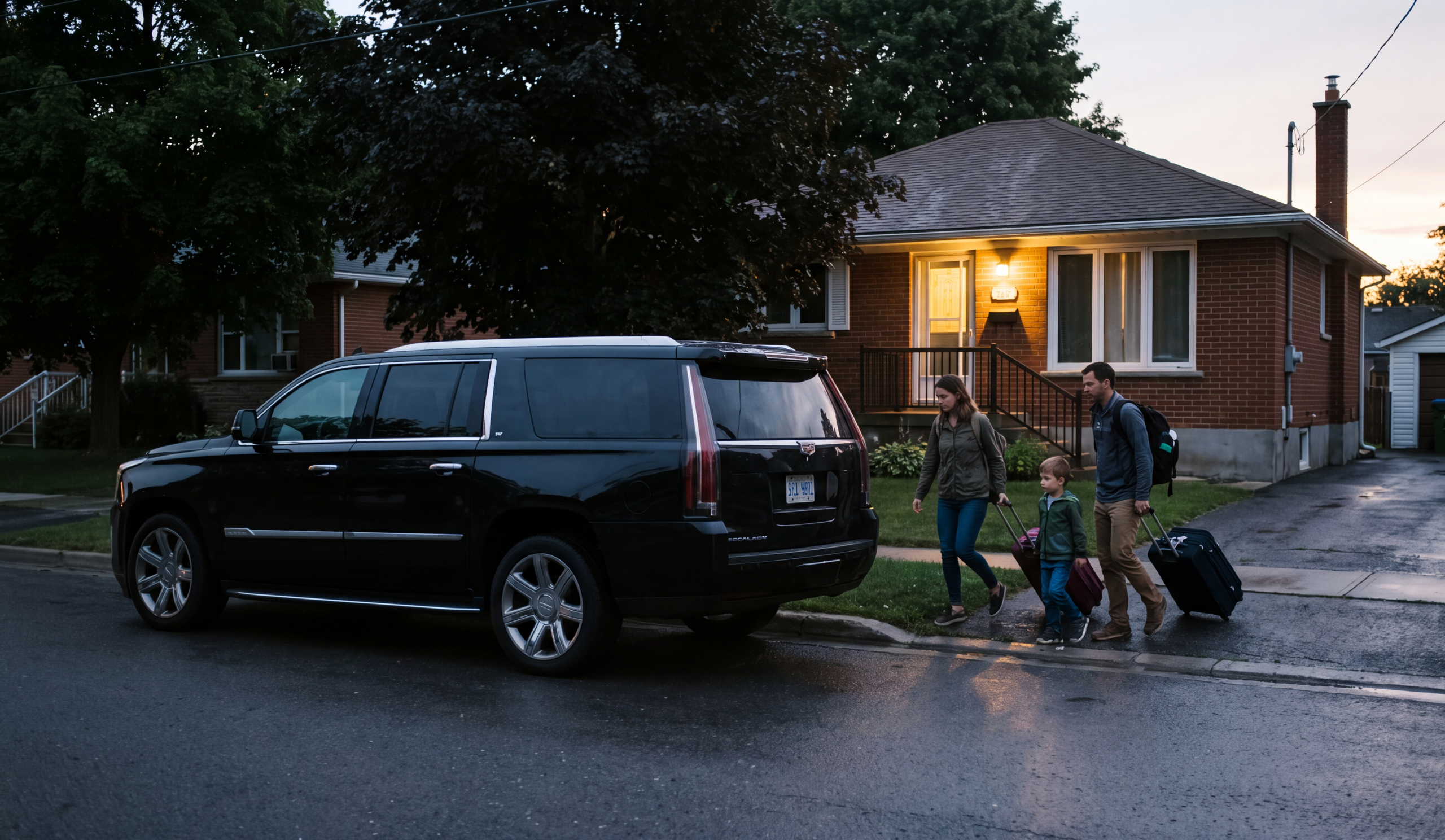 Black Cadillac Escalade at a residential home for an early airport pickup