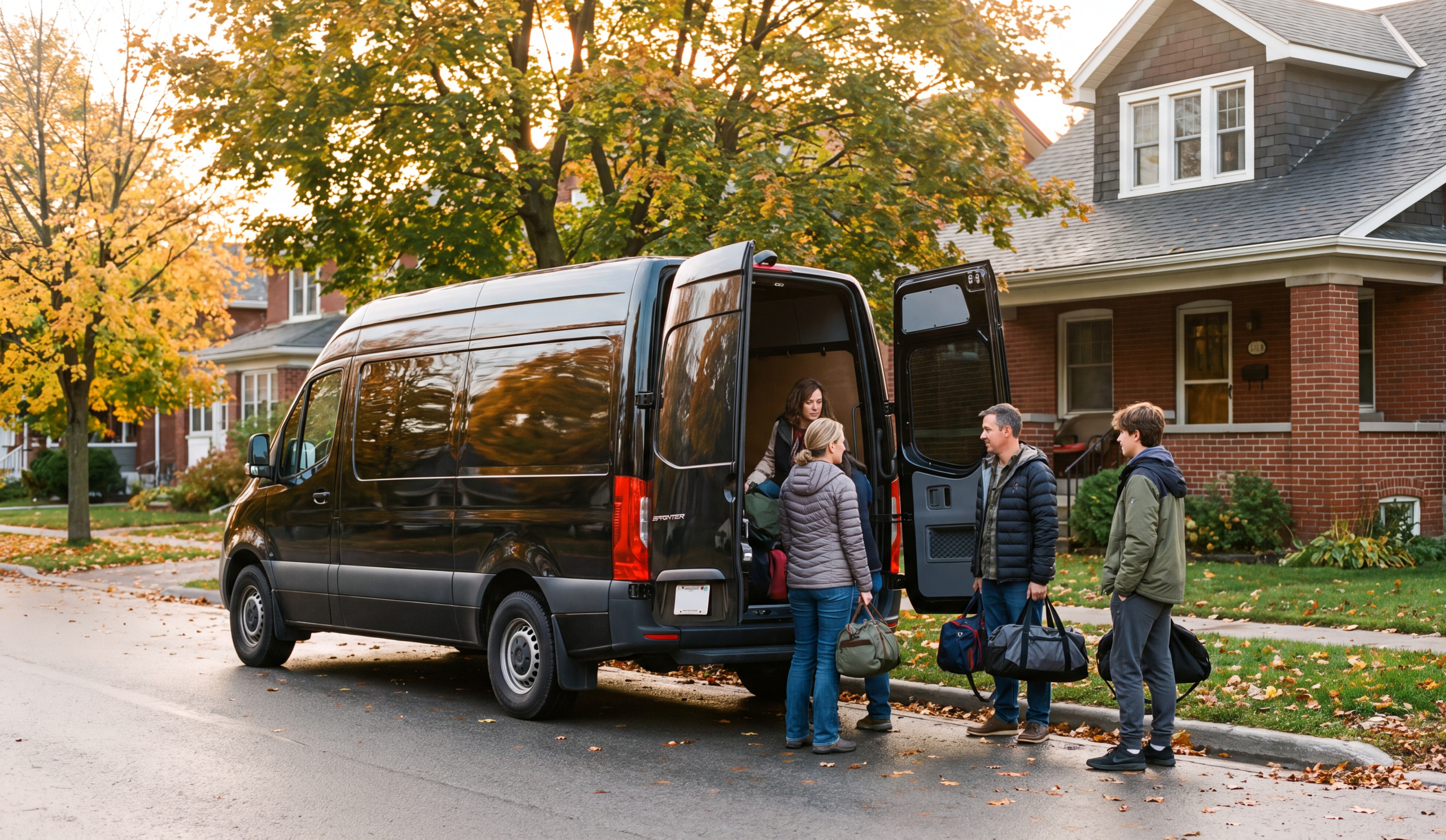 How Much Does a Sprinter Van Rental Cost in Toronto for a Wedding 7 Chauffeur loading luggage into a black Sprinter van parked outside a home for a morning wedding-day pickup