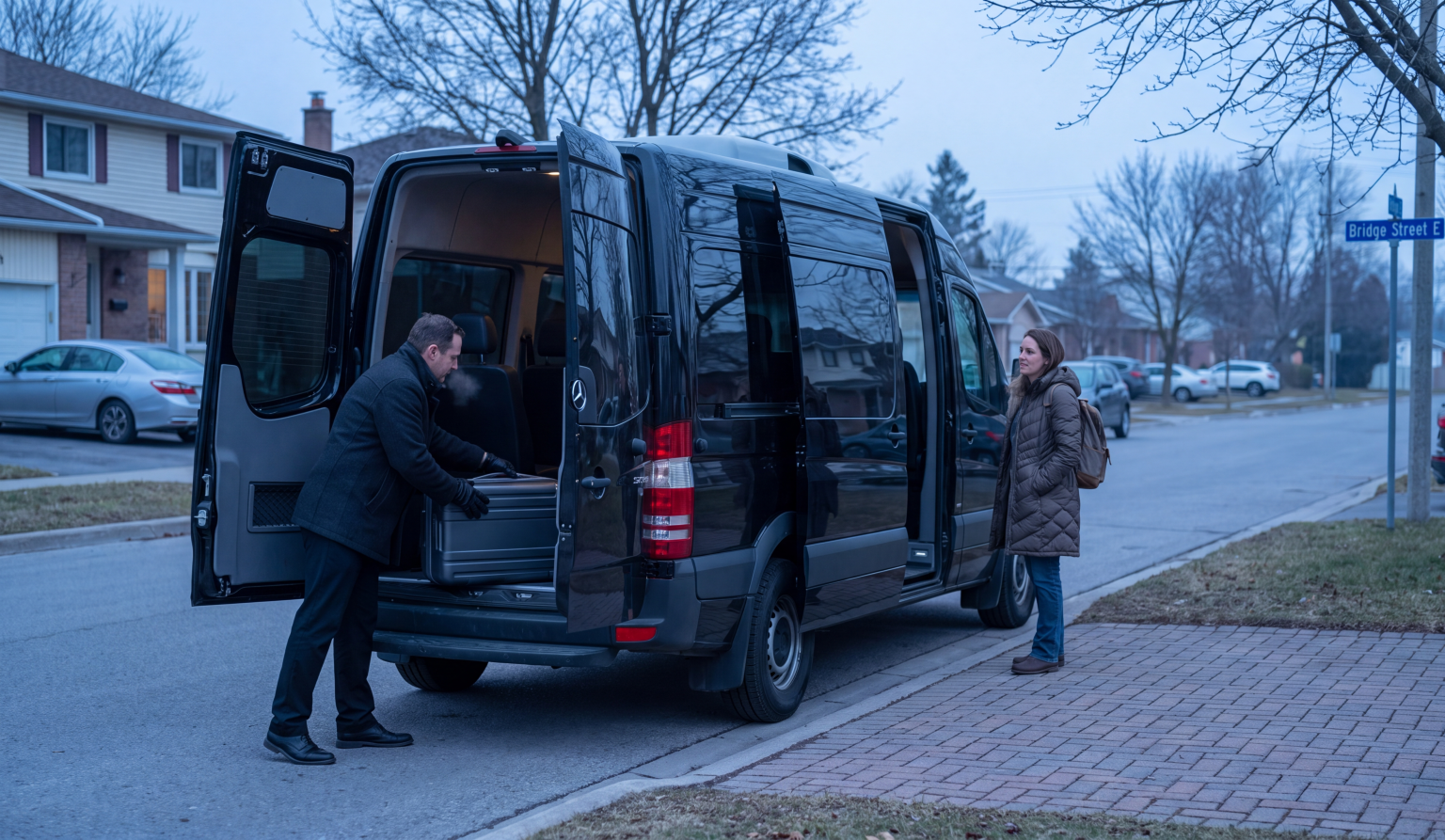 Chauffeur in a dark suit loading luggage into a black Mercedes-Benz Sprinter parked outside a suburban home at dawn while a passenger waits on the sidewalk