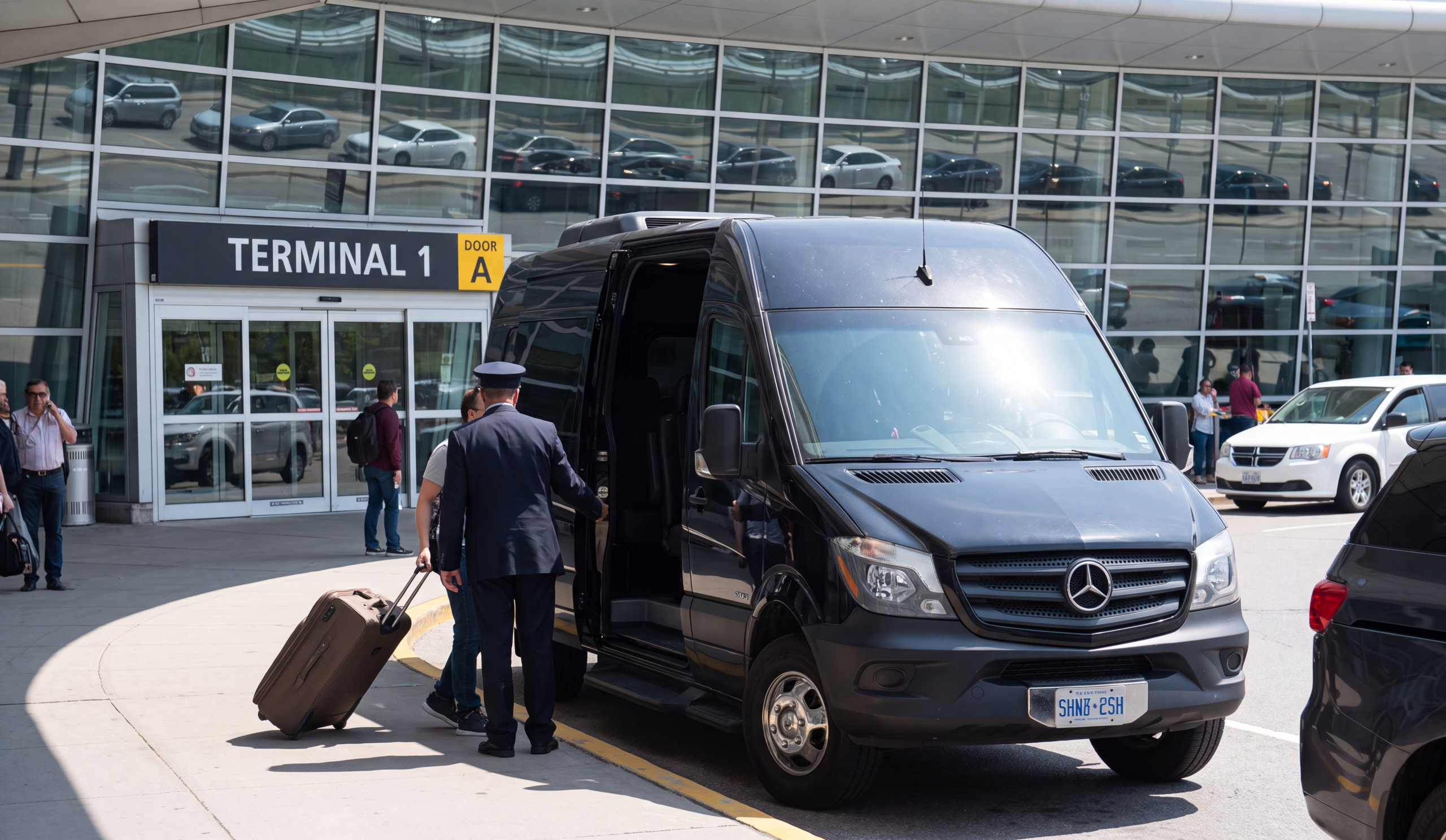 Black Mercedes-Benz Sprinter at Toronto Pearson Terminal 1 with a traveller and luggage