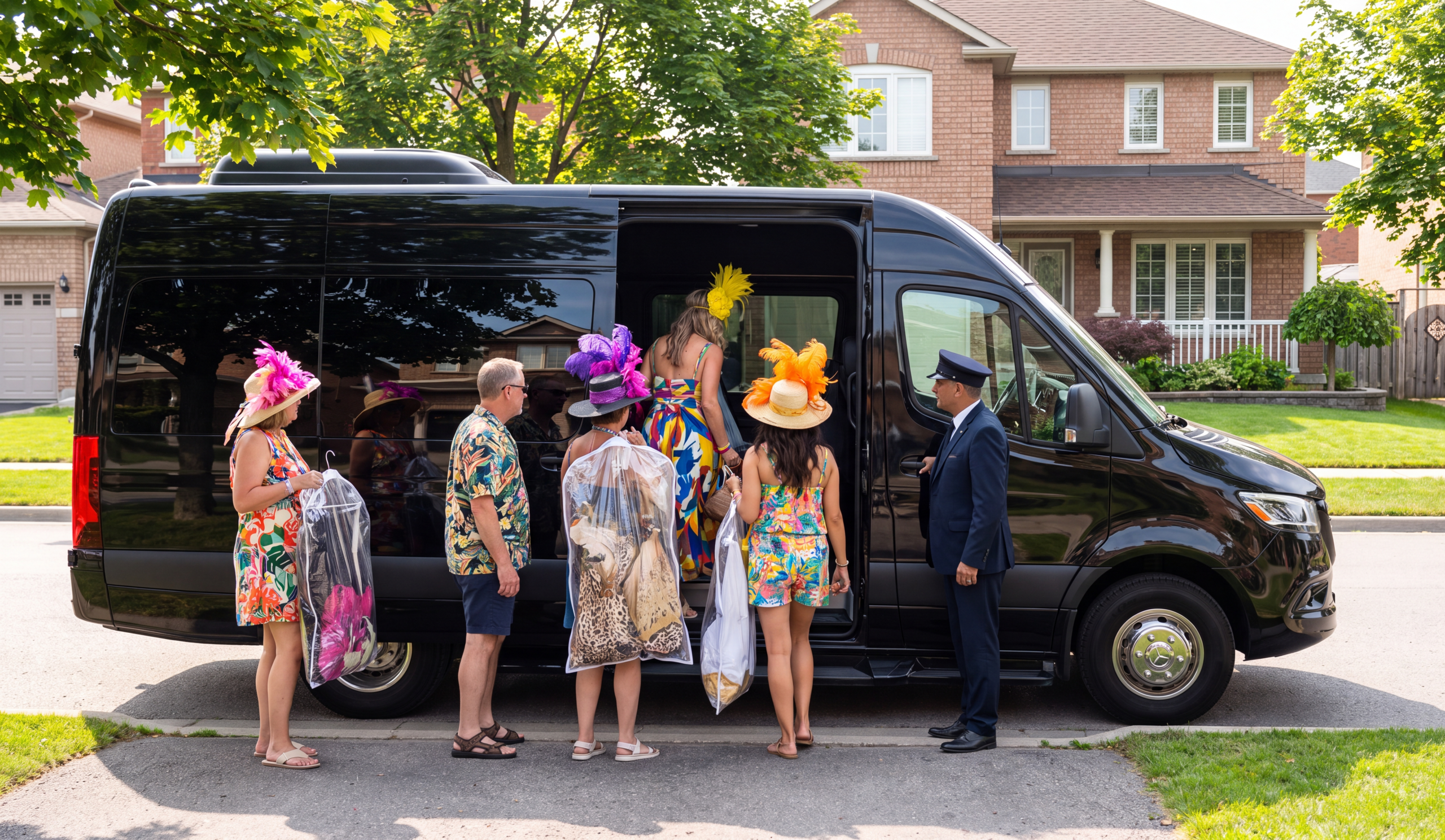 Group in festival wear boarding a black Sprinter outside a Brampton home on Caribana morning