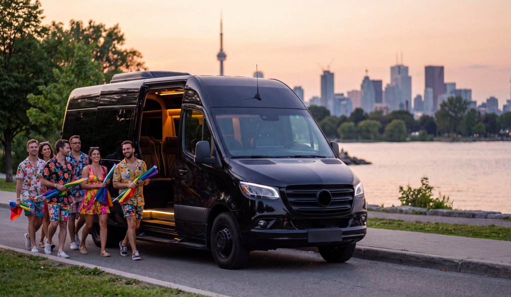 Group in summer festival wear walking toward a black Party Limo Van near the Toronto waterfront at dusk