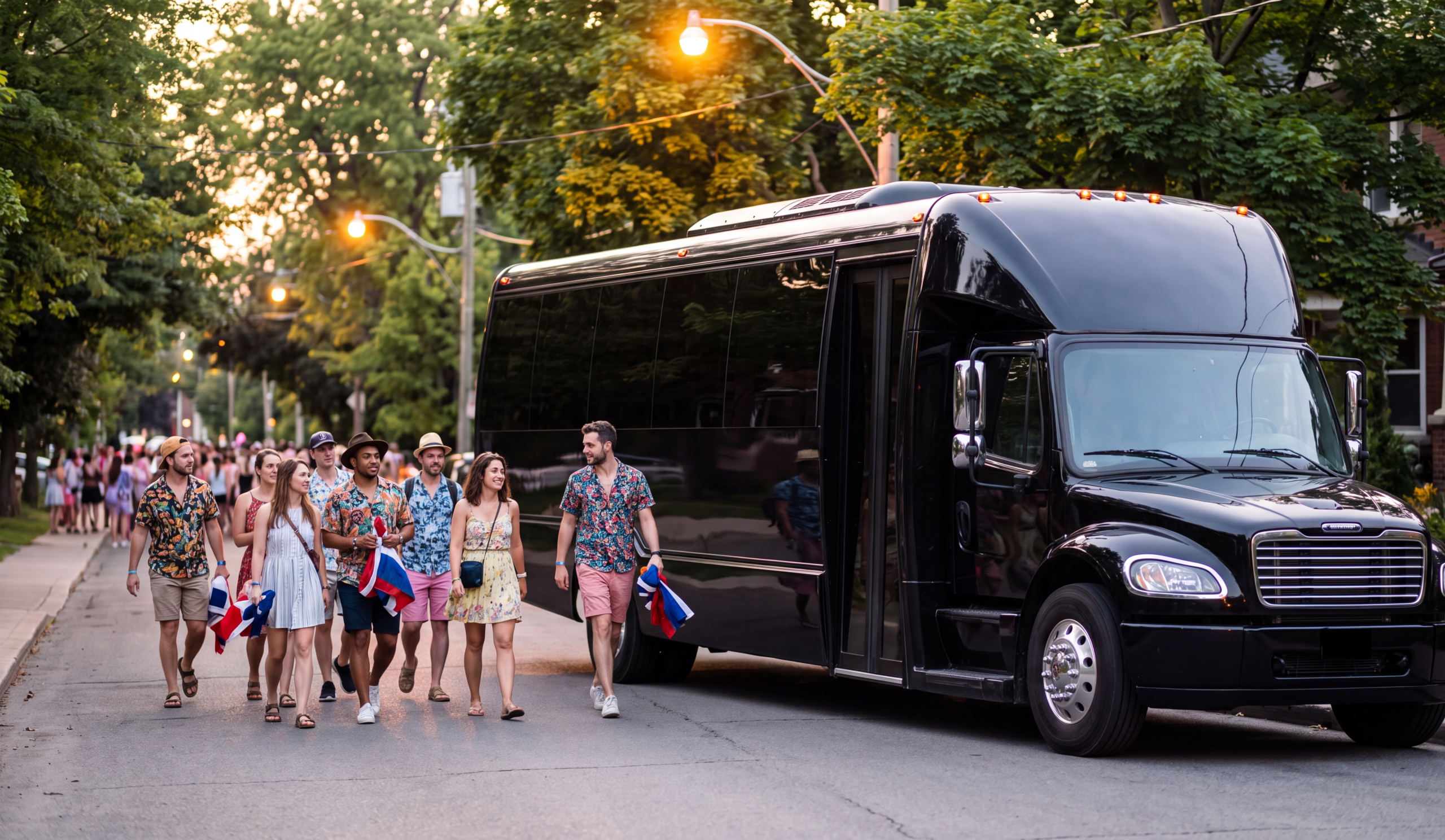 Black limousine bus staged on a side street near Exhibition Place as Caribana crowds disperse at dusk