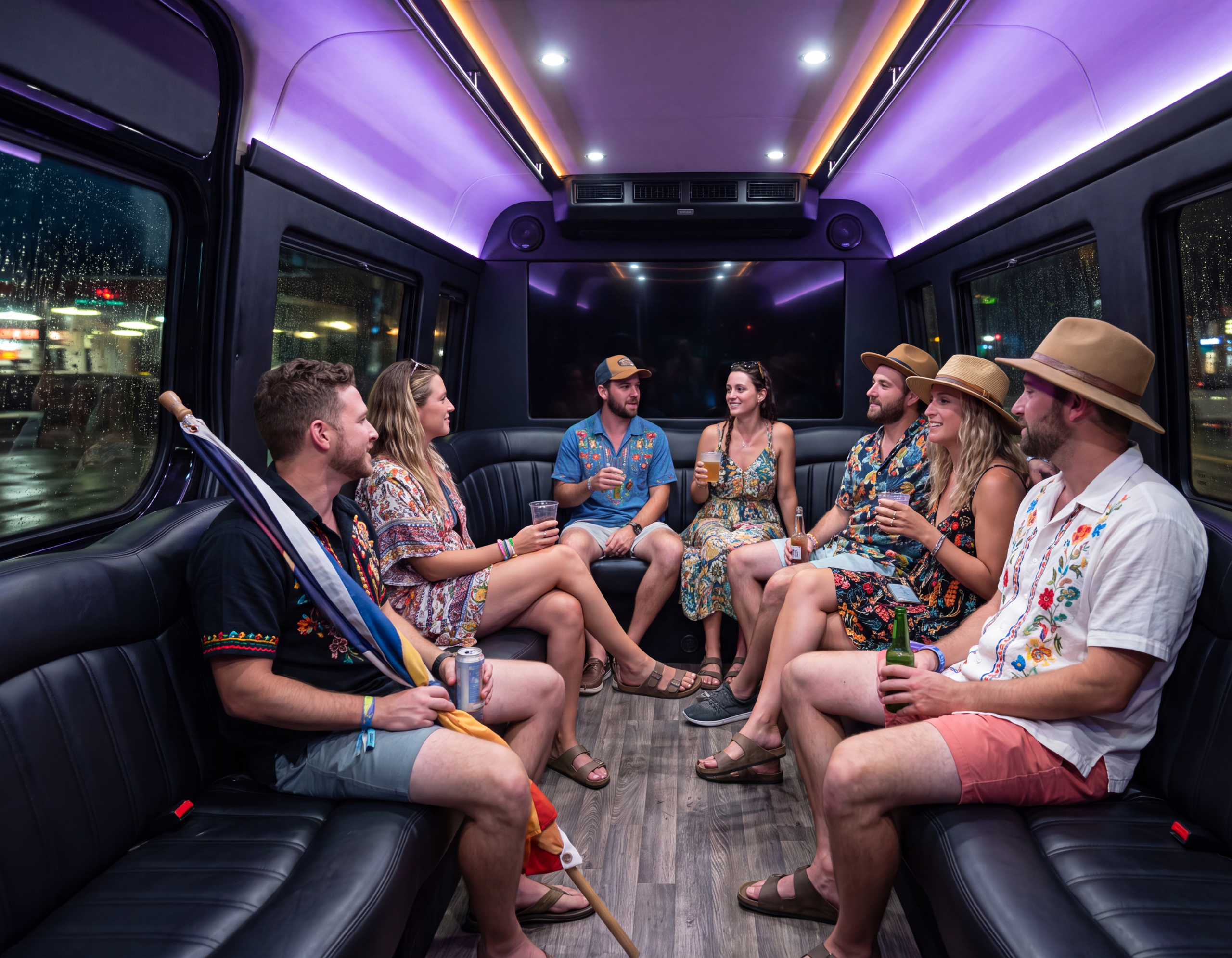 Interior of a party limo van with perimeter lounge seating and mood lighting