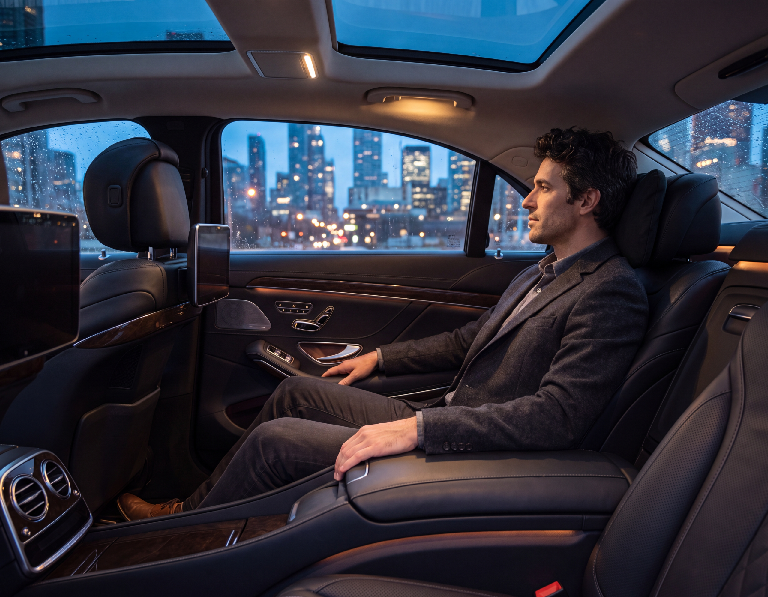 Passenger seated in the rear cabin of a black S-Class, downtown Toronto lights outside the window at blue hour
