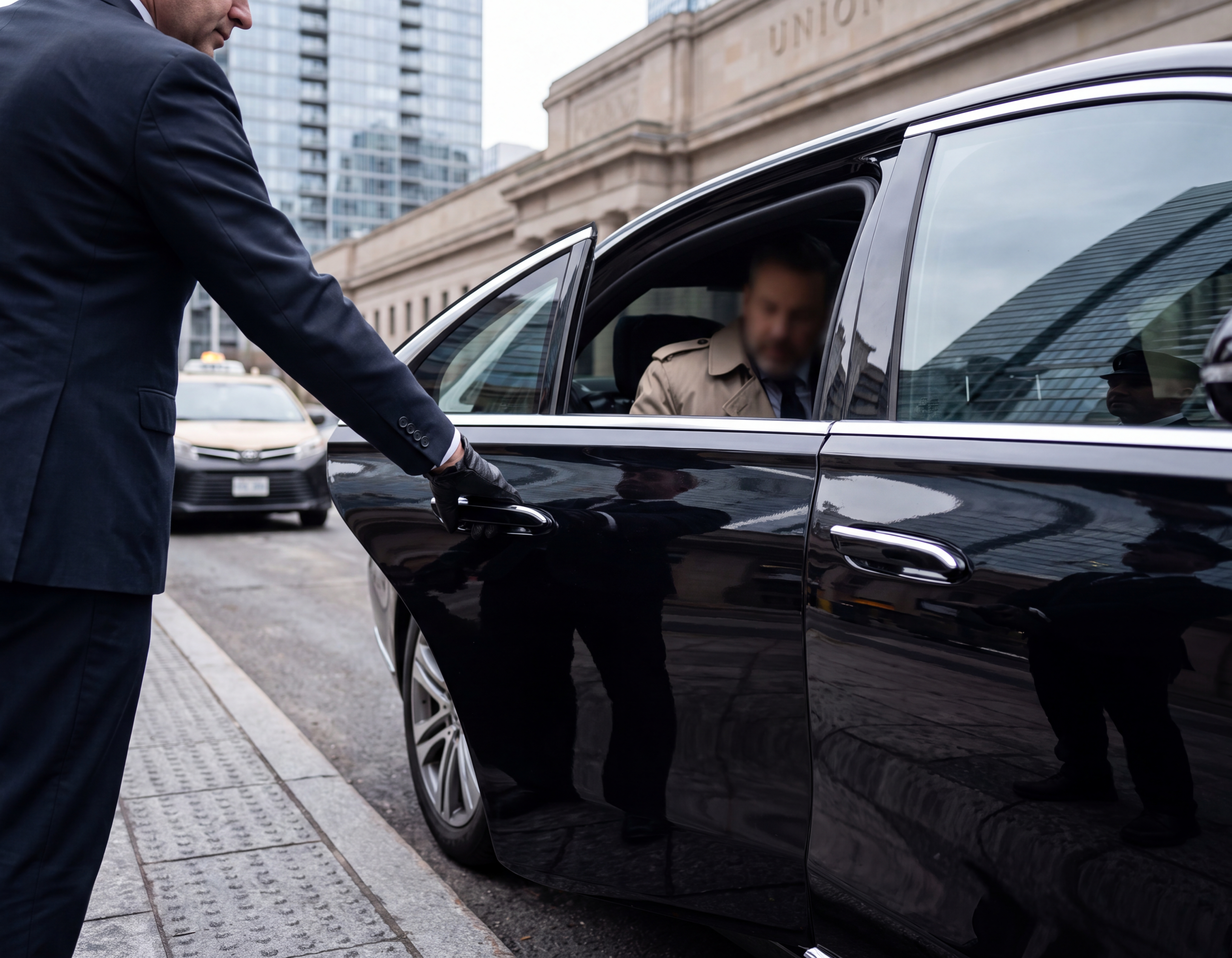 Chauffeur opening the door of a black S-Class at Union Station