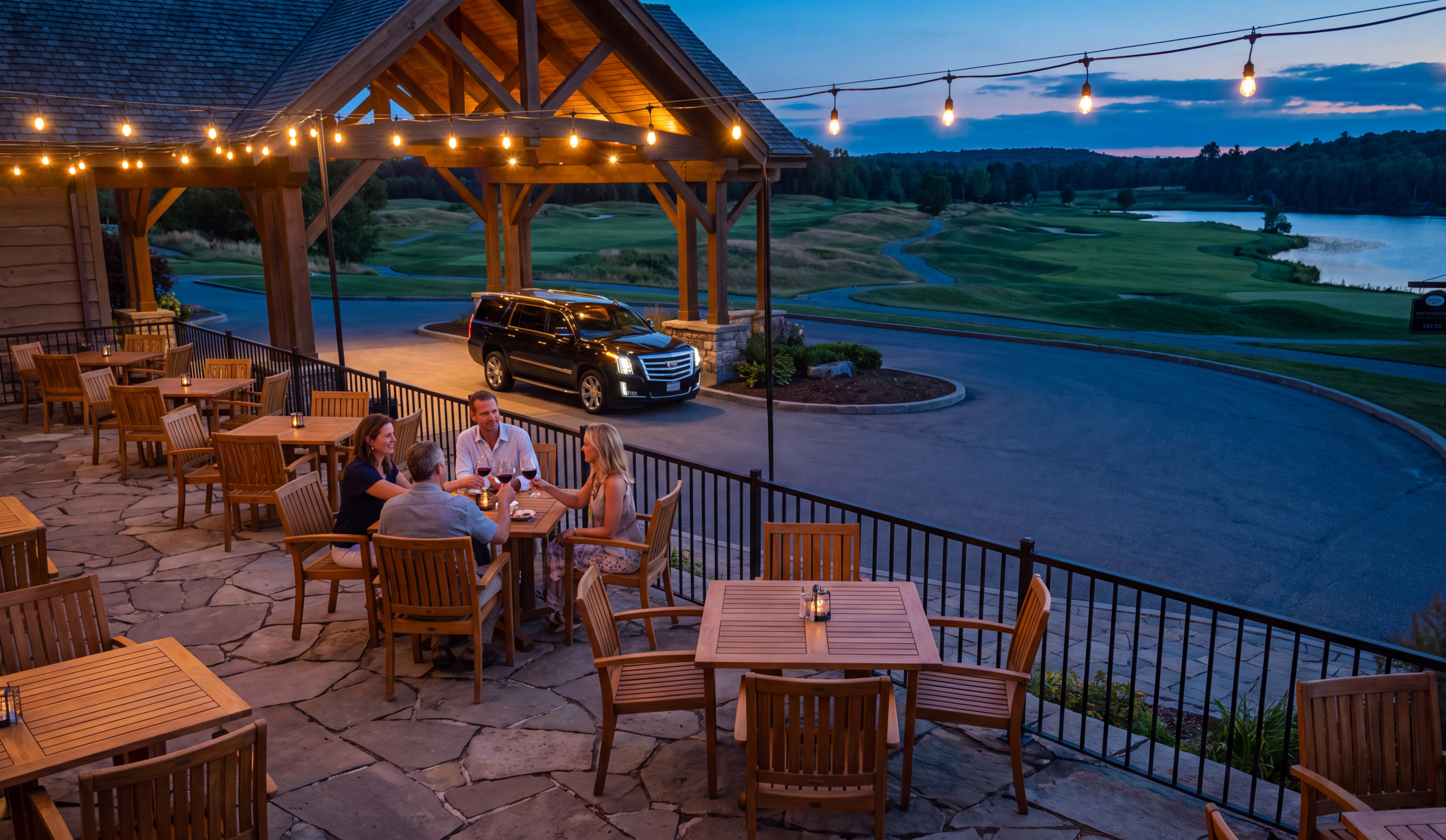 Cliffside Restaurant terrace at Muskoka Bay Resort at dusk