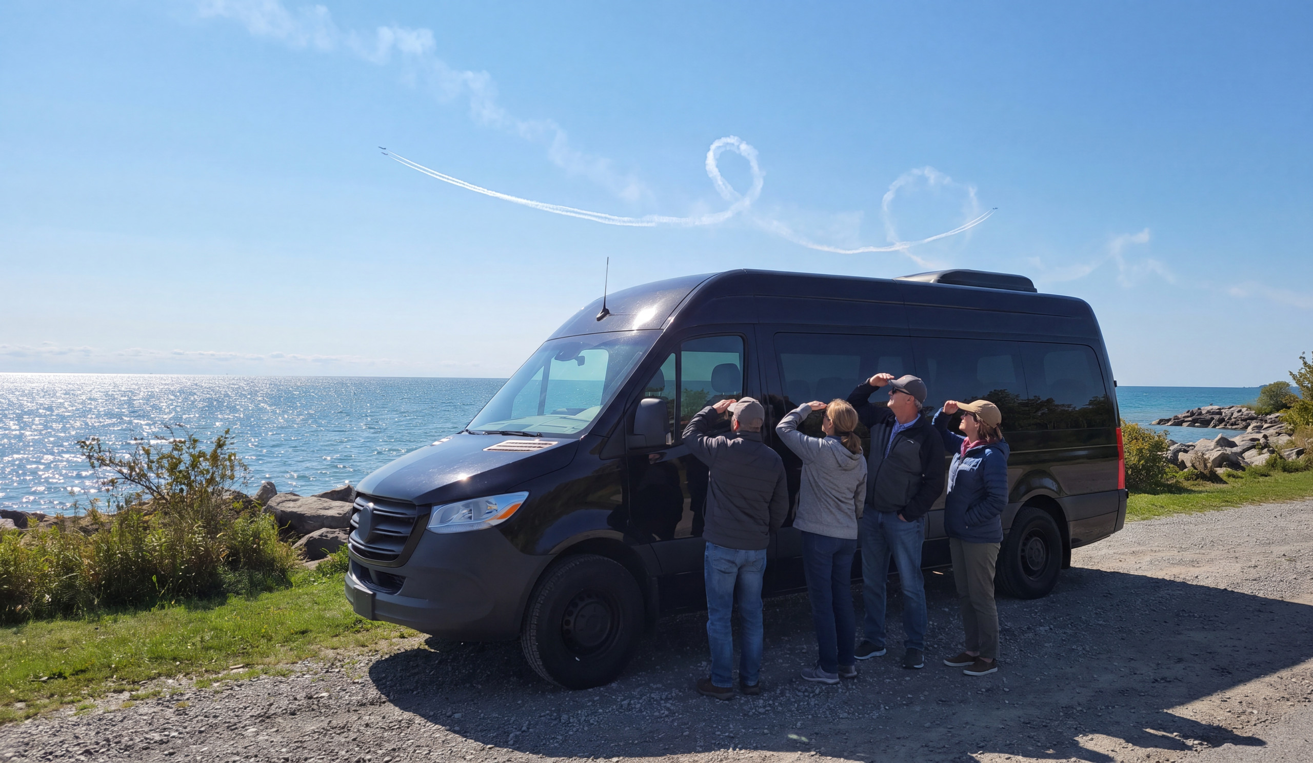 Black Sprinter staged lakeside as a group watches distant air show contrails over Lake Ontario
