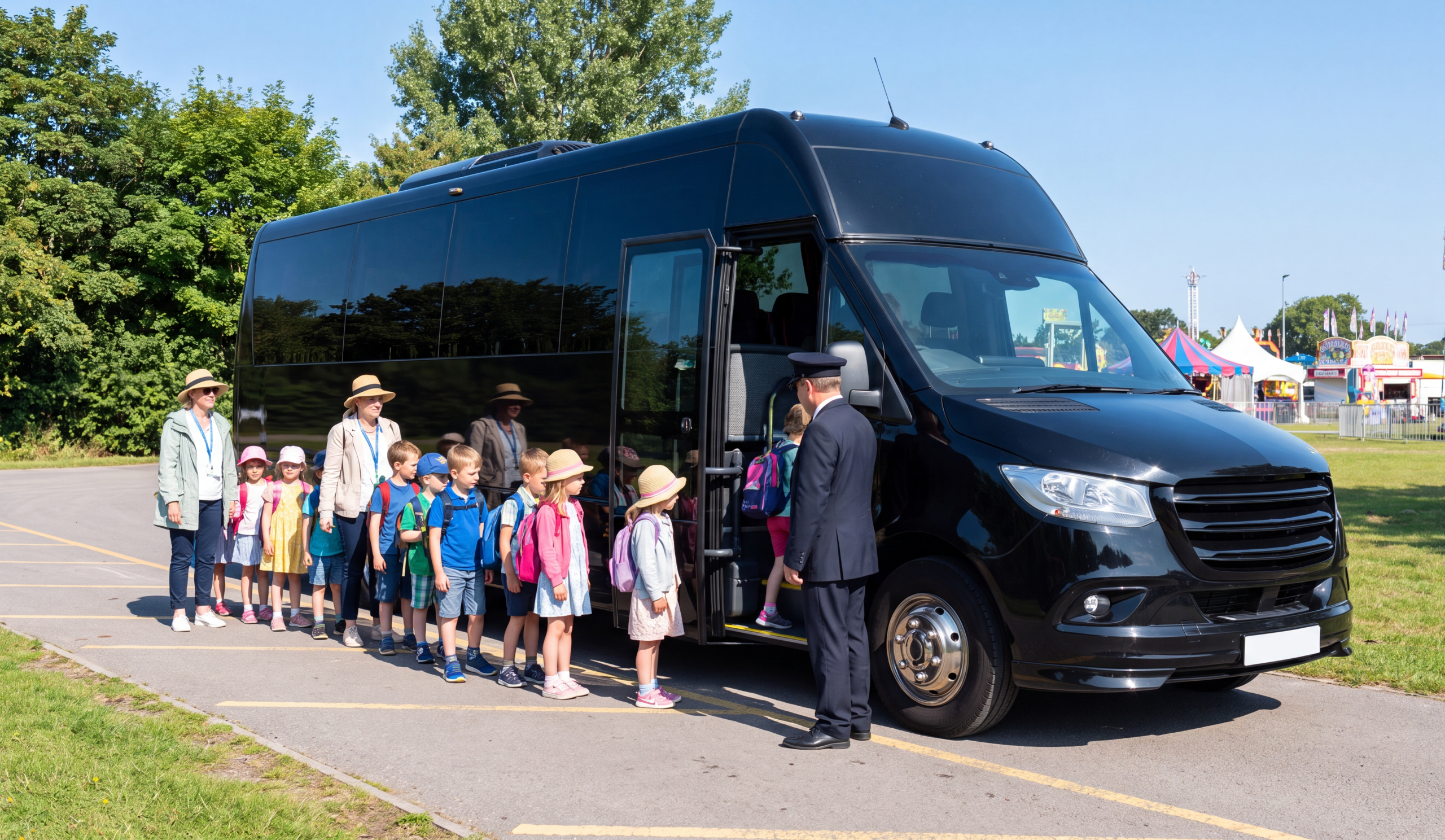 Day-camp group boarding a black mini coach at a designated loop near Exhibition Place