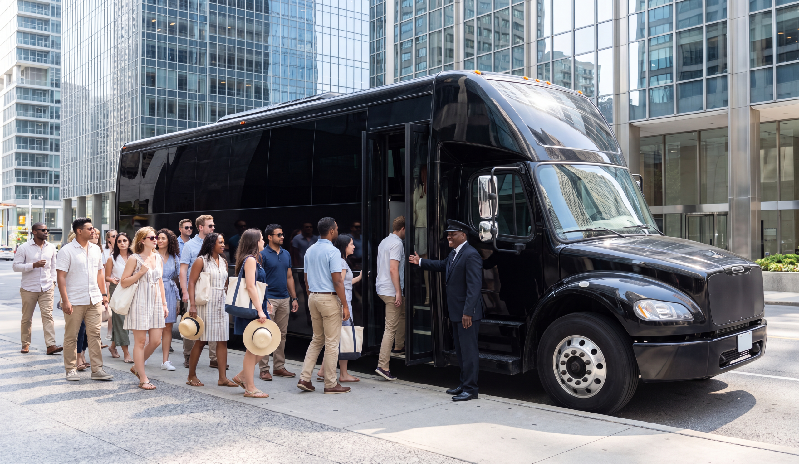 Employees boarding a black limousine bus outside a Toronto office tower for a company day at the Ex