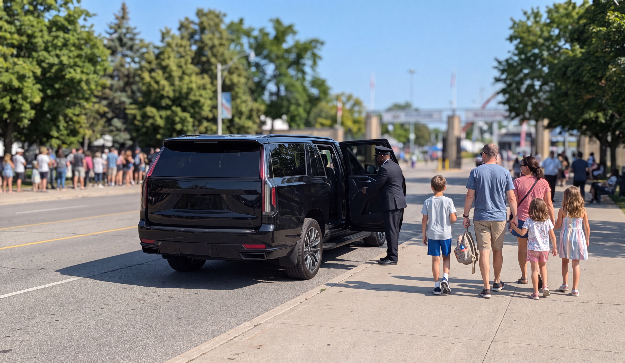 Family stepping from a black Escalade at the Exhibition Place gates on a bright CNE morning