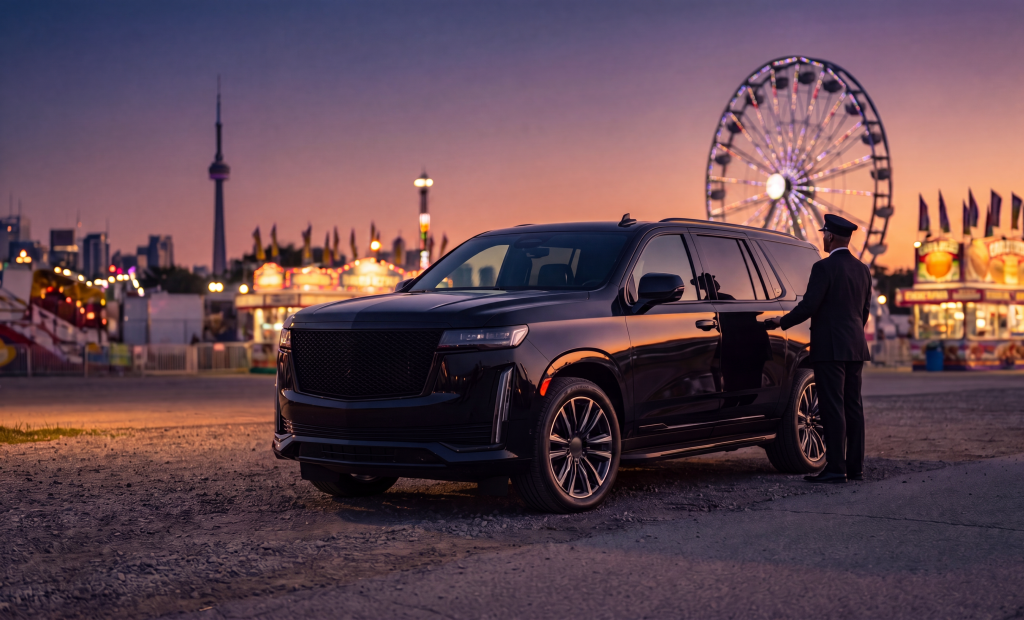 Black Escalade at a kerb with the CNE ferris wheel and Toronto skyline behind at dusk