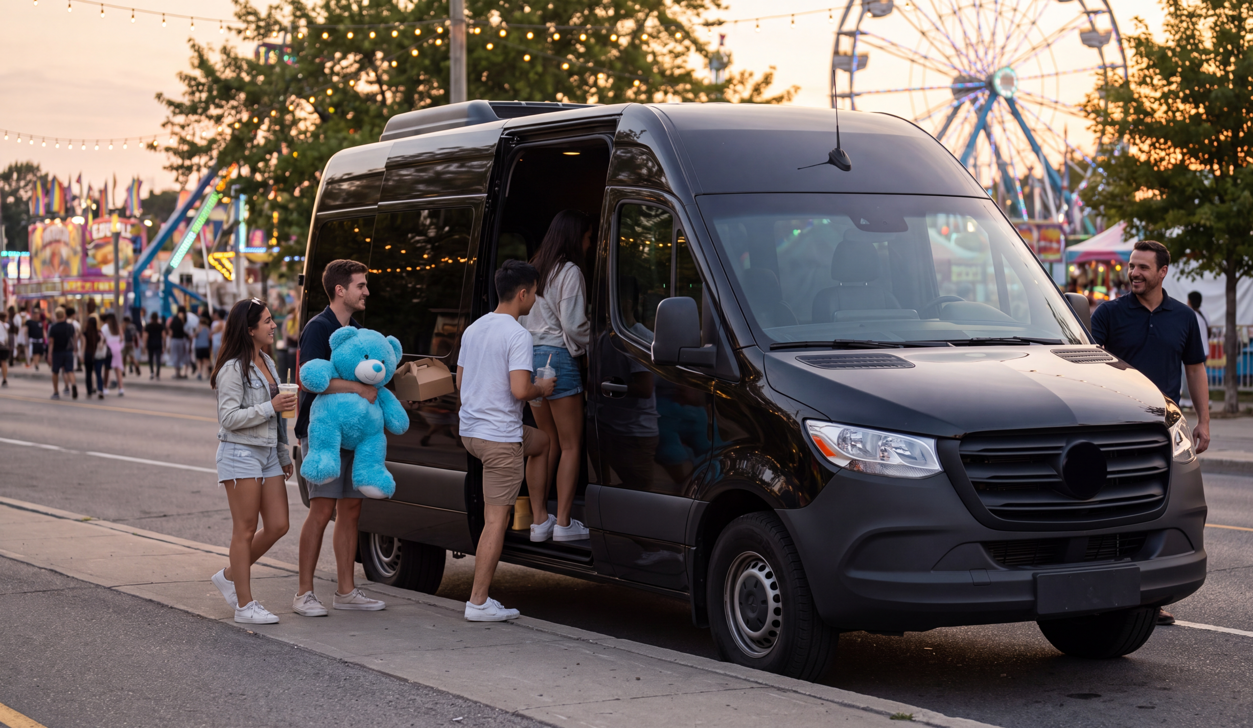 Friends with fair prizes and food boxes boarding a black van at dusk after a CNE day