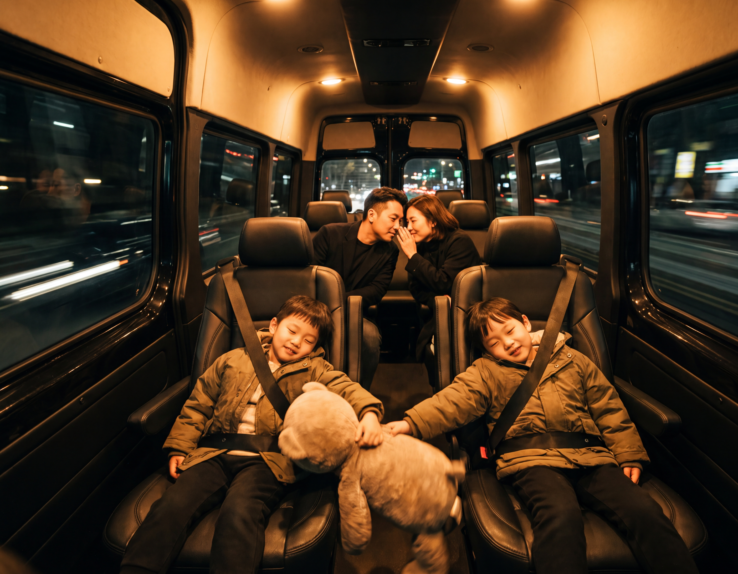 Family inside a black Sprinter cabin at night with fair prizes after a CNE day