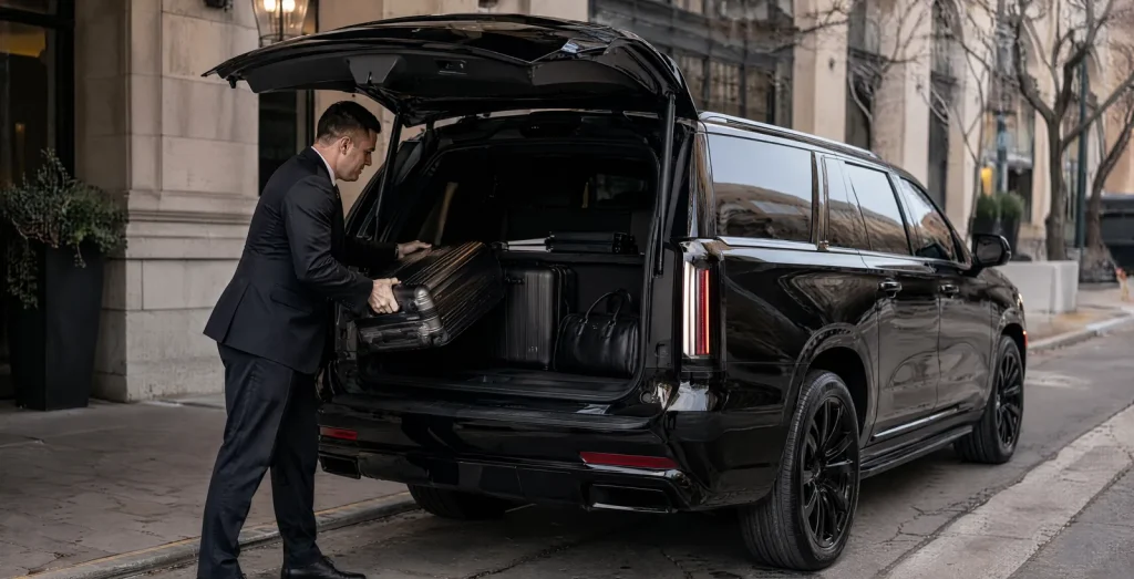 Chauffeur loading luggage and document cases into the trunk of a black Cadillac Escalade at a city kerb