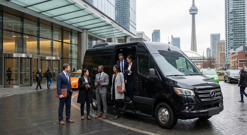 Black Executive Mercedes Sprinter at a downtown Toronto office with a business group