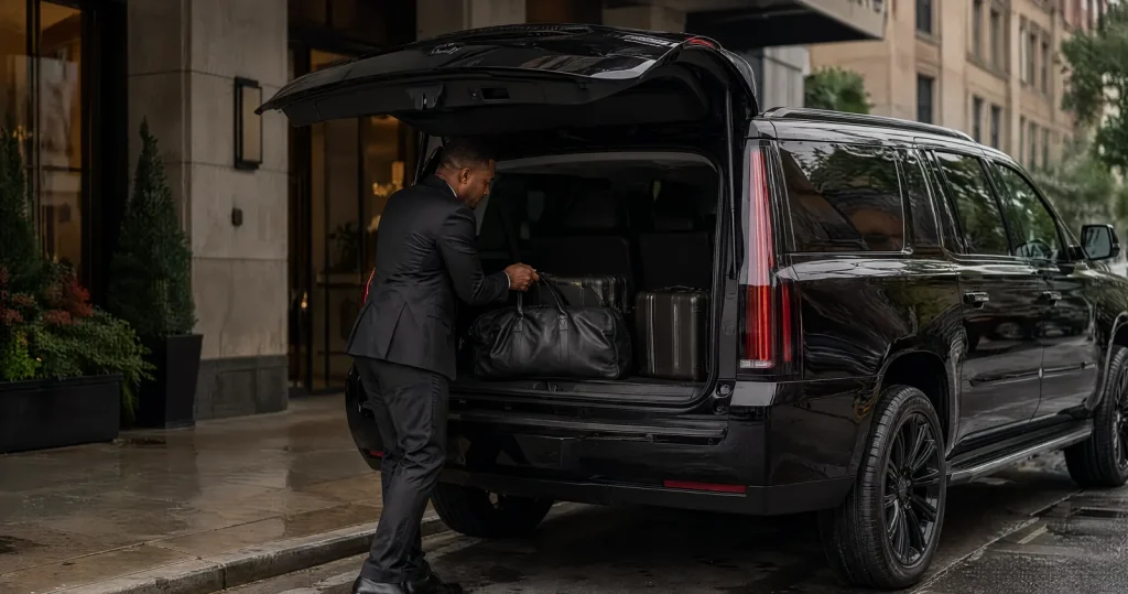 Chauffeur loading weekend luggage into the trunk of a black Cadillac Escalade at a city kerb