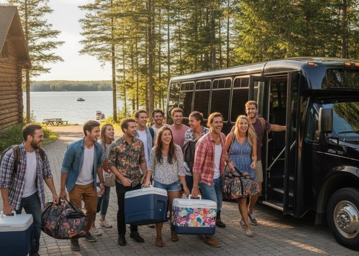 27-seat mini coach group boarding at a lakeside retreat