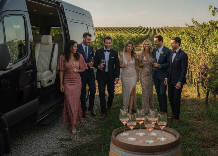 Black Sprinter parked at a Niagara vineyard at golden hour while a formally dressed group of eight stands beside it with wine glasses