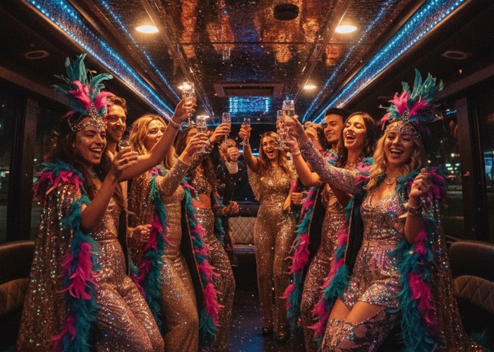 A themed birthday group celebrates together inside a party vehicle cabin at night