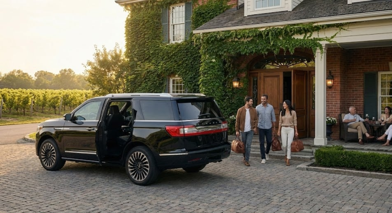 Black Lincoln Navigator at the ivy-covered entrance of a country inn, friends with overnight bags