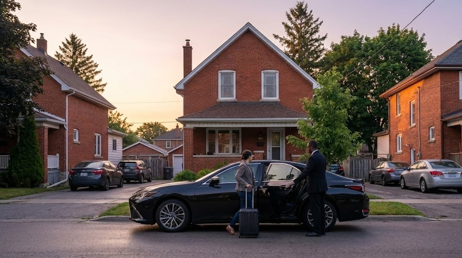 Black Lexus sedan at the kerb of a brick residential street at dusk, chauffeur opening the rear door