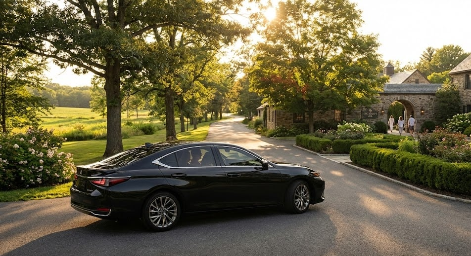 Black Lexus ES sedan gliding up a tree-lined country drive toward a stone estate at golden hour