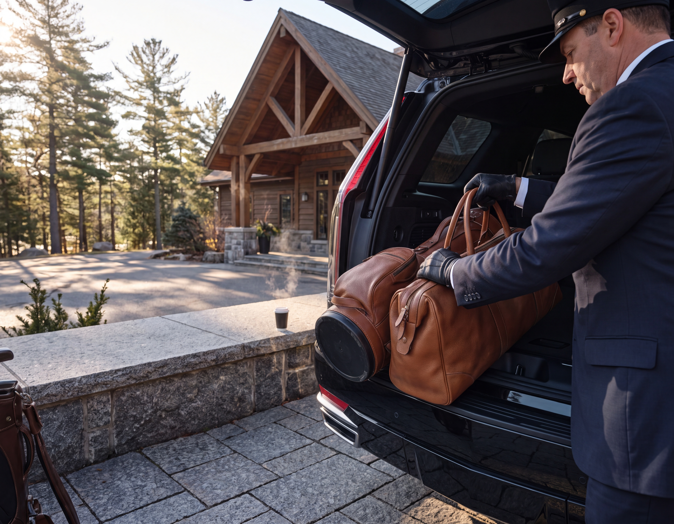 Chauffeur loading golf bags into a black Escalade at Muskoka Bay Resort