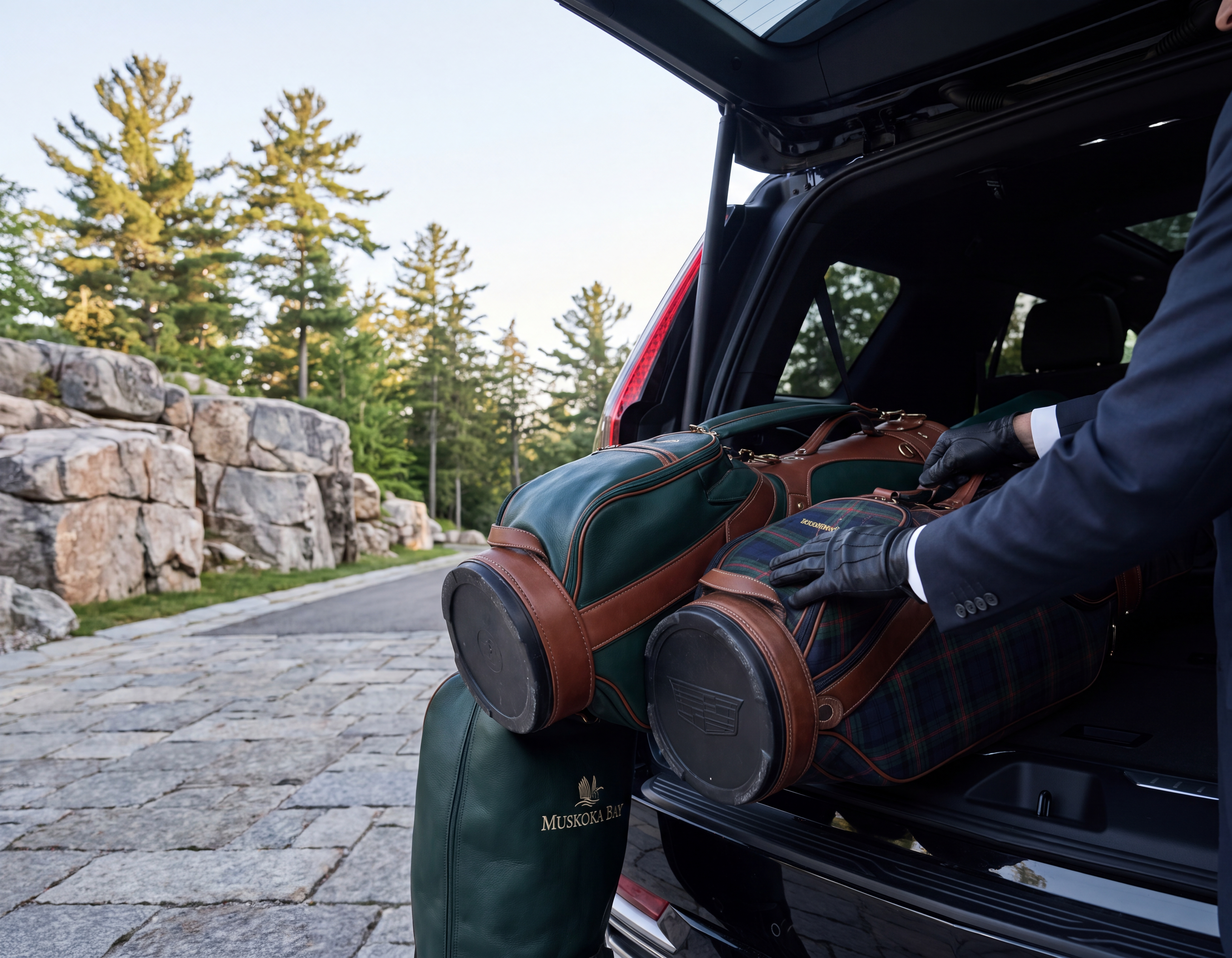 Chauffeur loading a leather golf bag into an Escalade trunk on a stone driveway
