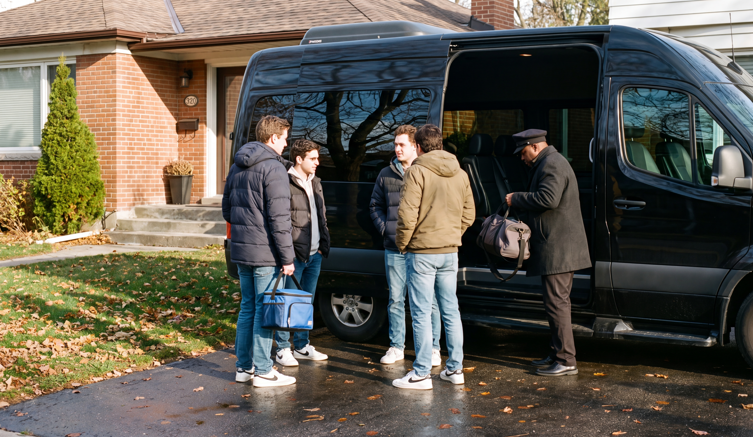 Group boarding a black Sprinter in a residential driveway as the chauffeur loads bags