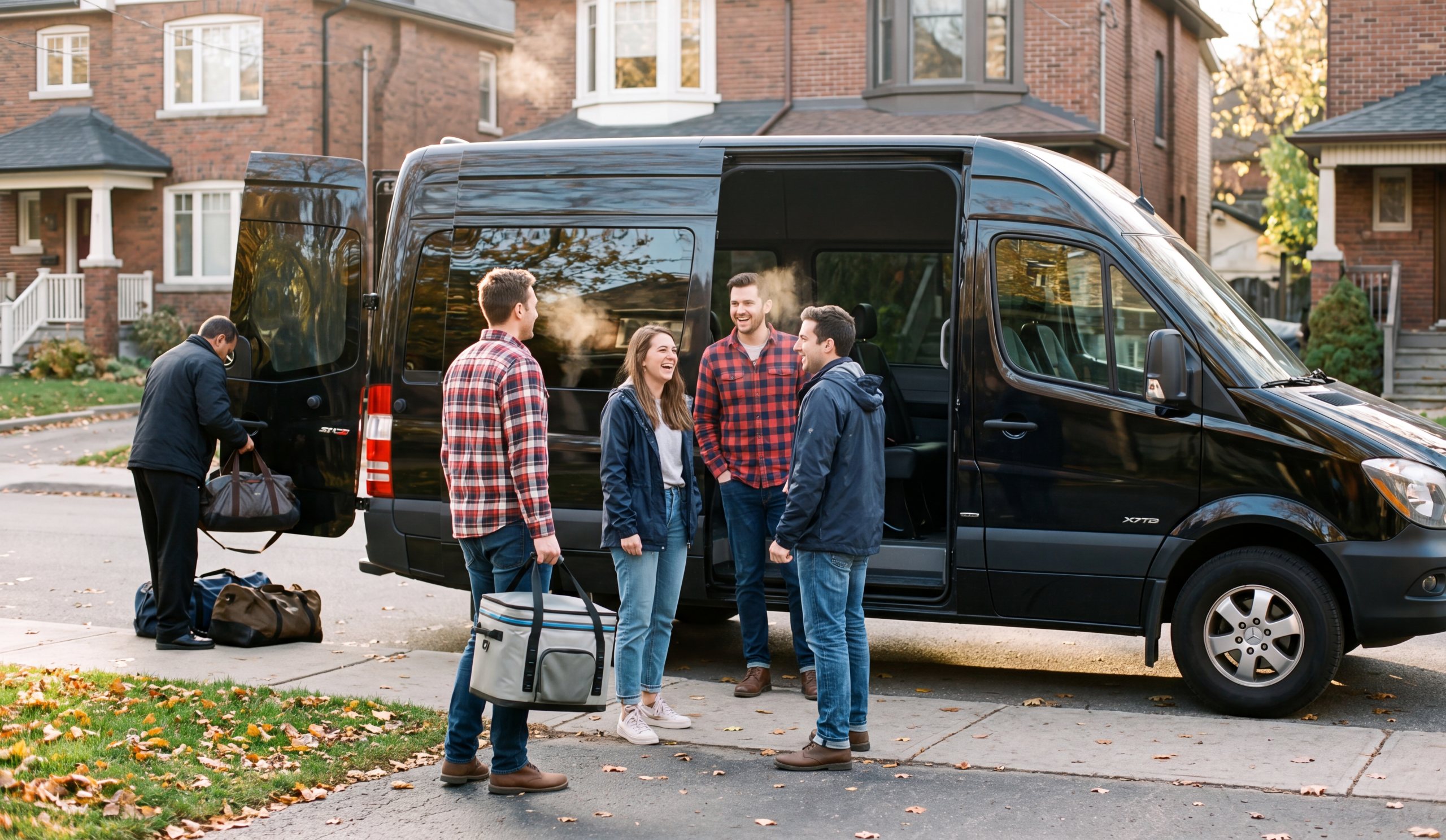 Group boarding a black Sprinter for a Kee to Bala trip