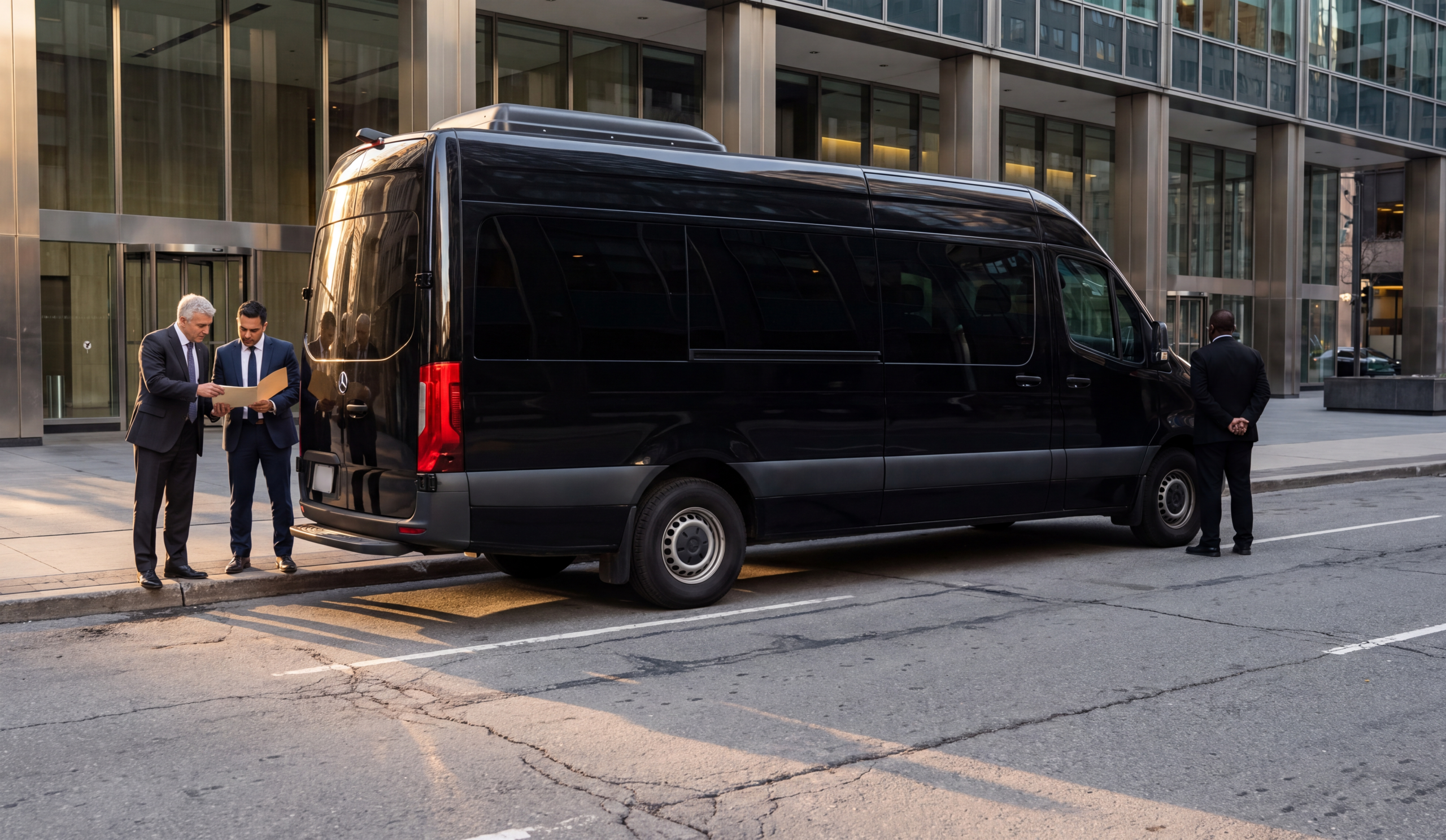 Black Mercedes-Benz Sprinter at the kerb outside a Bay Street office tower, two executives reviewing documents on the sidewalk before a board meeting