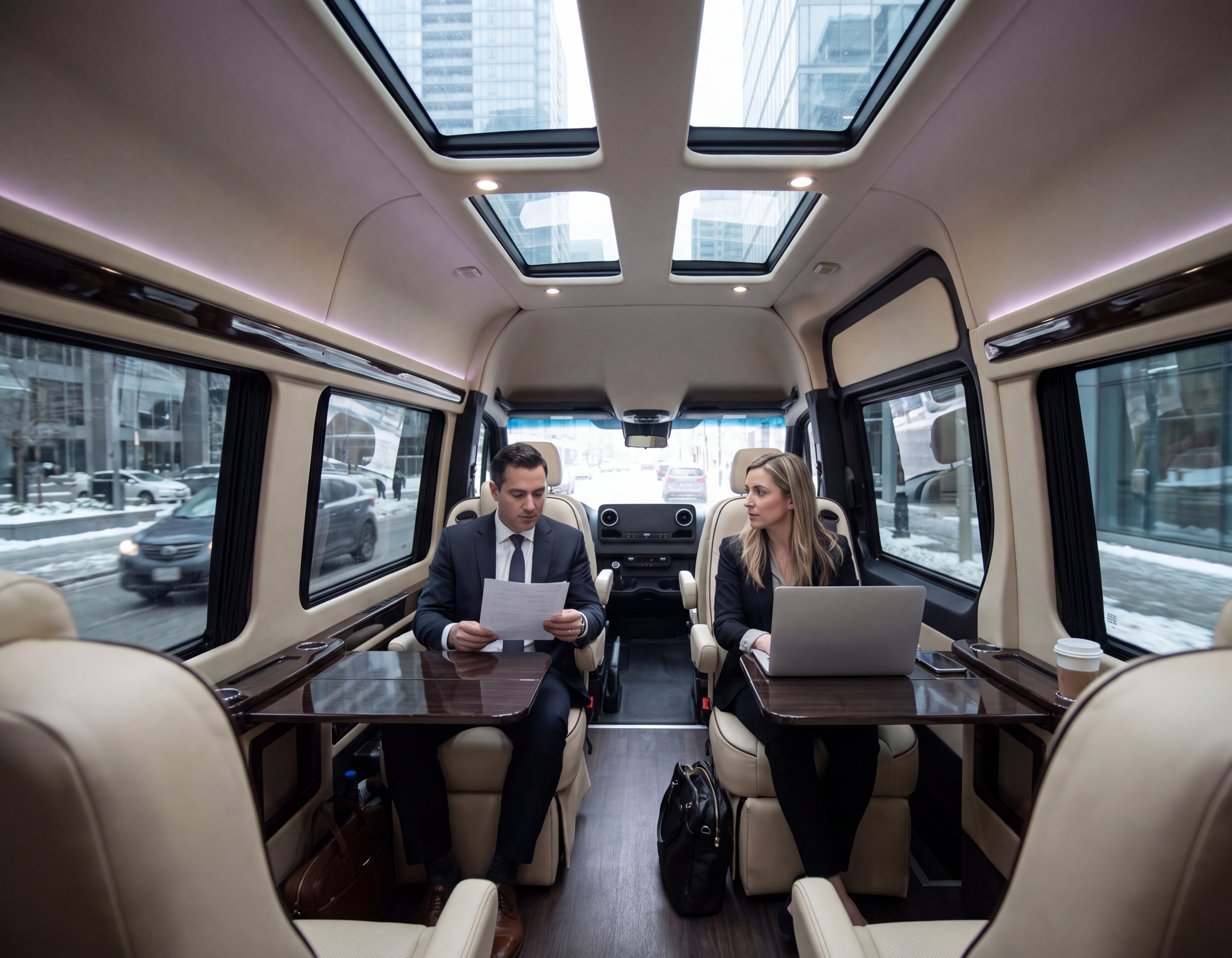 Interior of the Jet Sprinter cabin with cream leather captain's chairs, fold-out wood conference tables, and a dual glass skylight over downtown Toronto