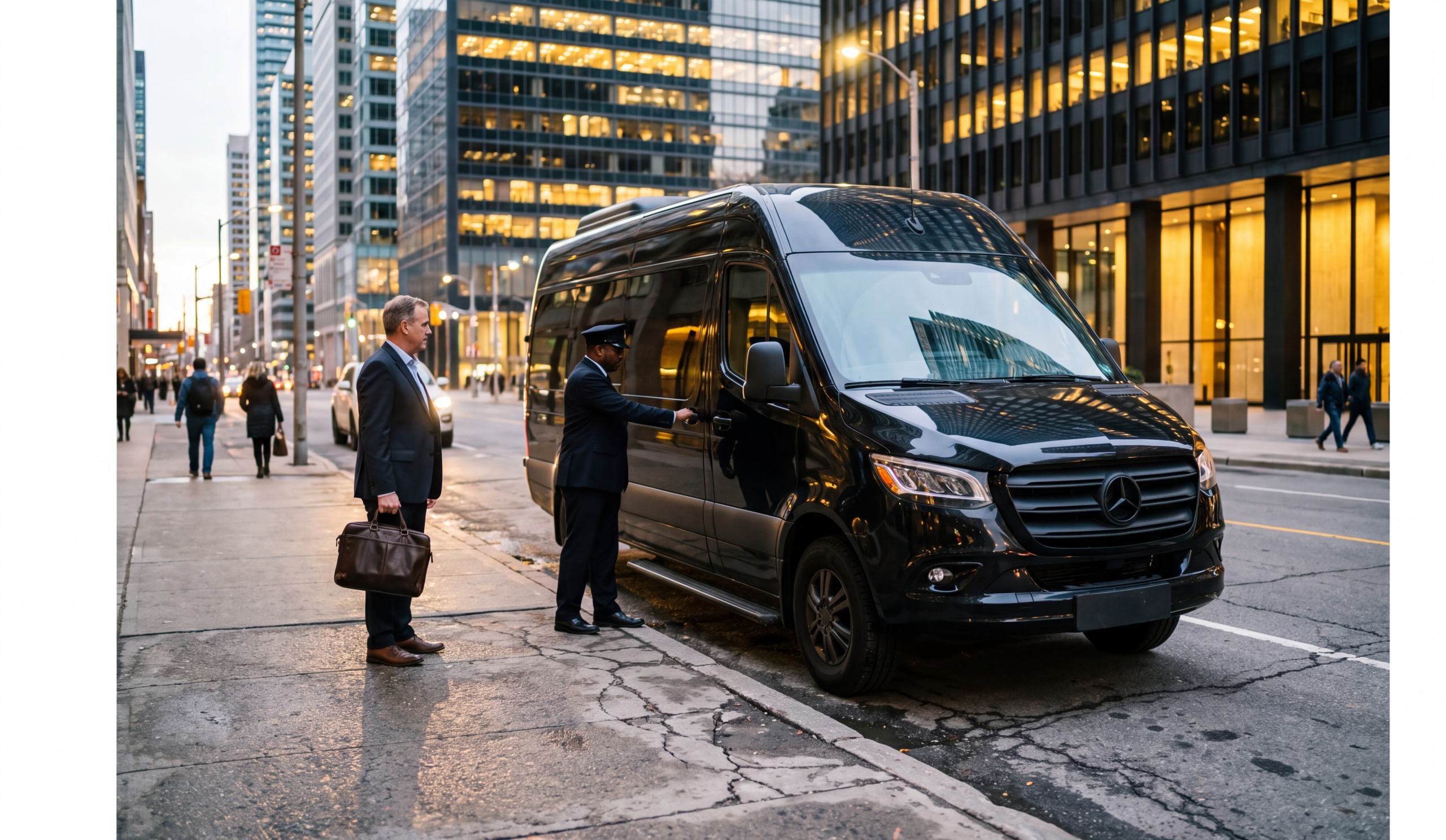 Black Mercedes-Benz Sprinter at the kerb outside a Toronto financial district office tower at dusk, chauffeur opening the door for a single executive