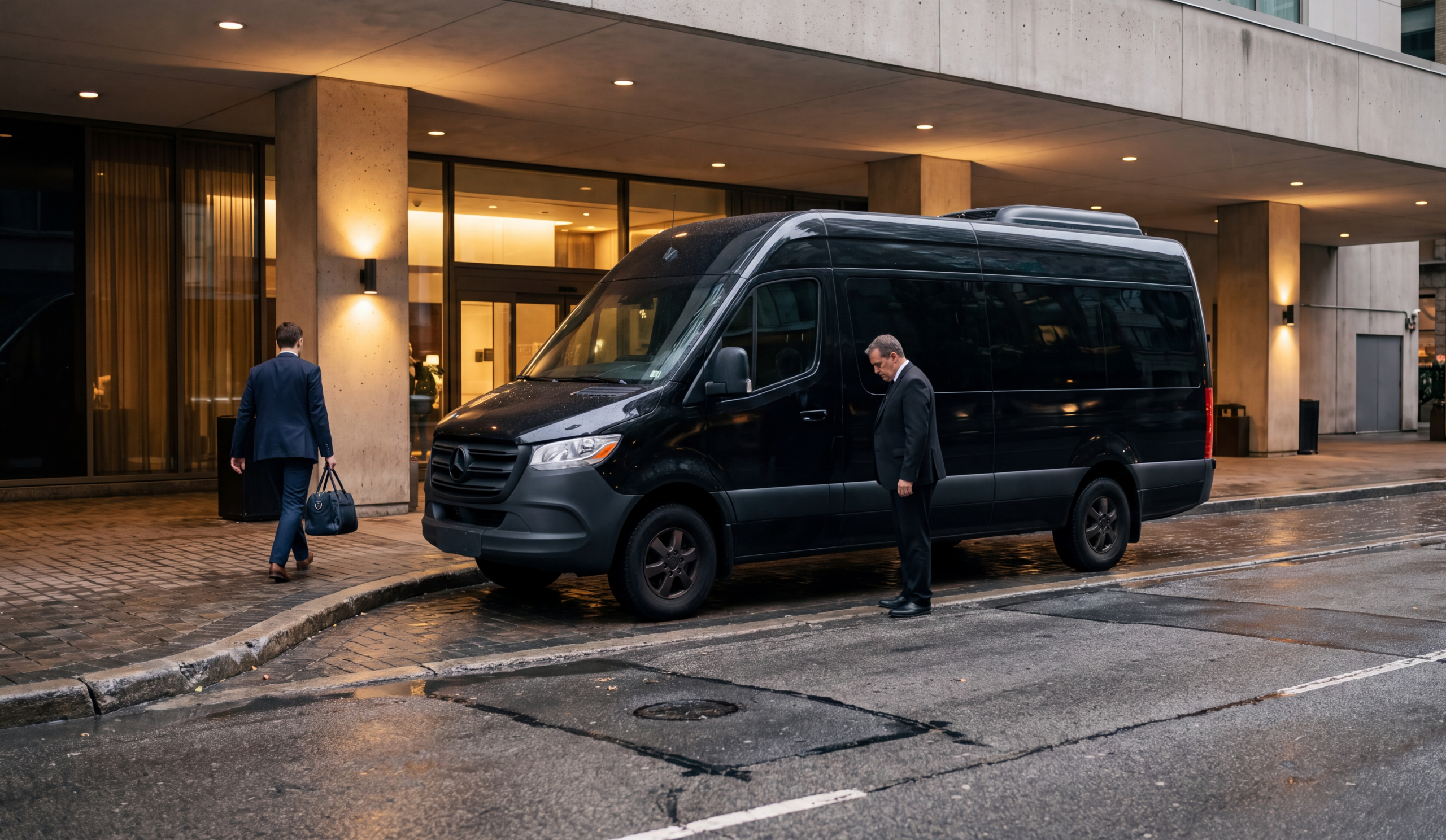 Black Mercedes-Benz Sprinter at a downtown Toronto hotel portico, chauffeur beside the vehicle as an executive rolls luggage toward it