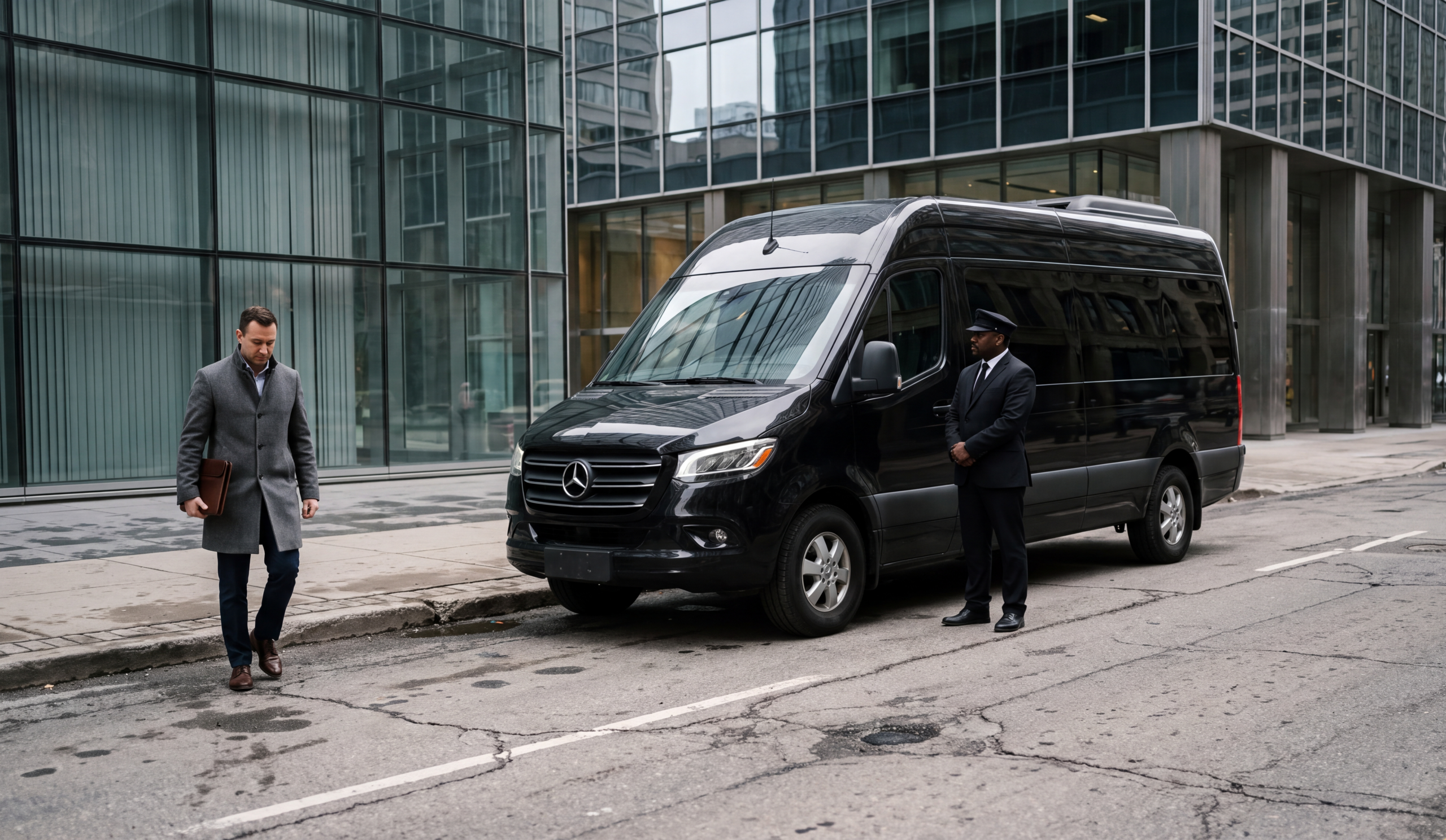 US-Canada Border Crossings for Group Trips: Bridges and Wait Times 8 A chauffeur stands beside a black Mercedes Sprinter as a traveler carrying a briefcase approaches on a downtown street